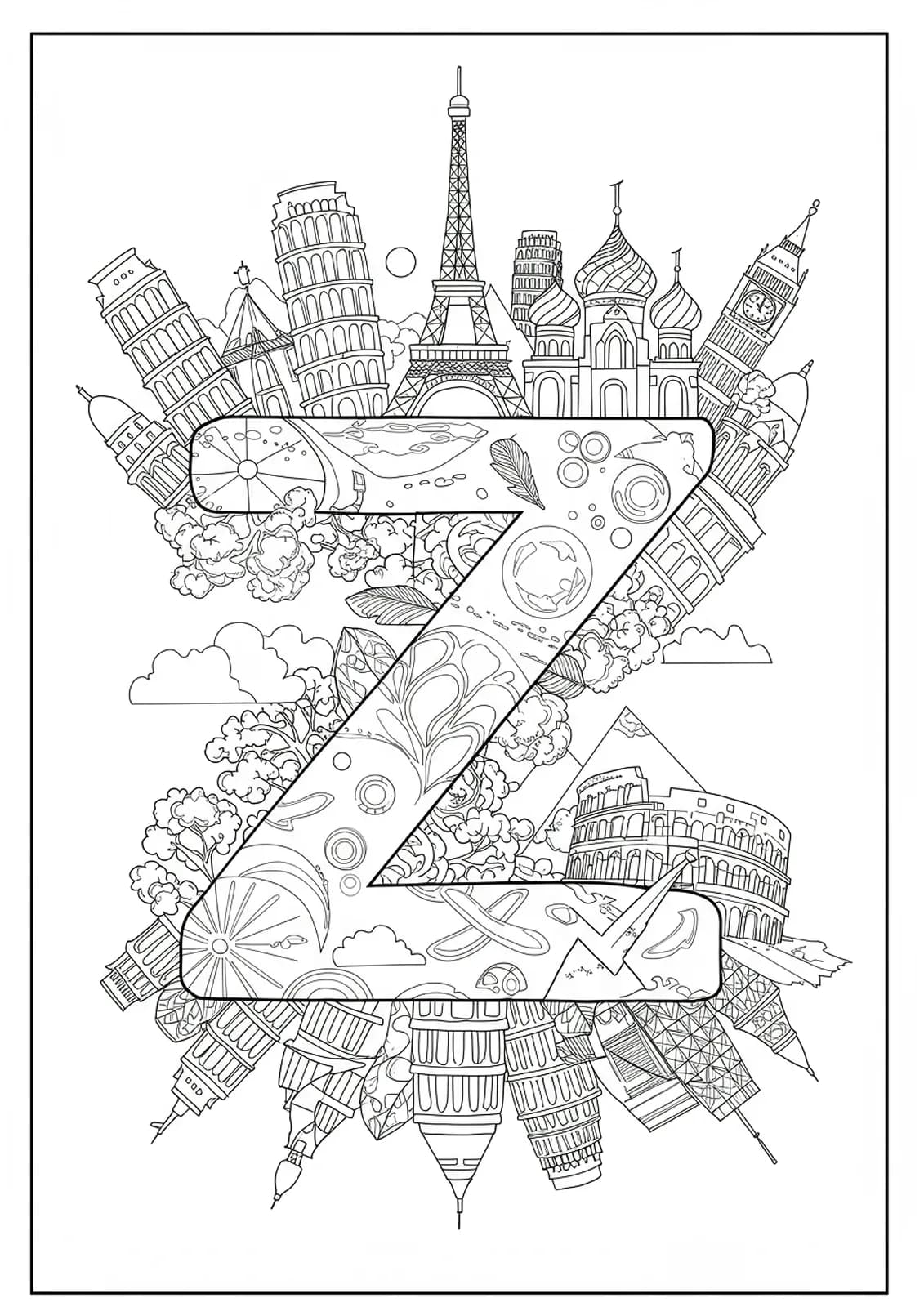 Letter Z integrated with detailed illustrations of world landmarks such as the Eiffel Tower and Colosseum.