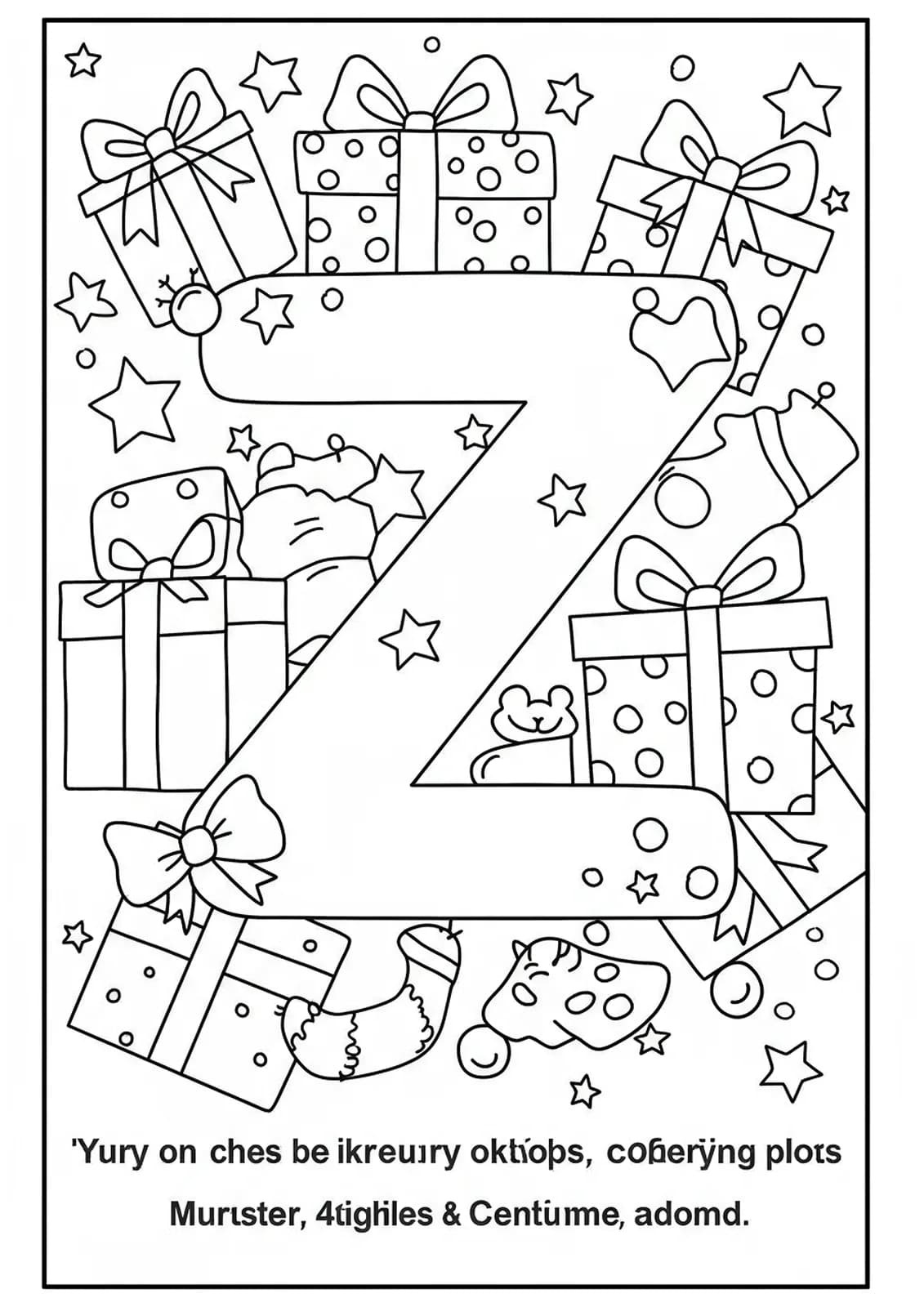 Letter Z decorated with wrapped gift boxes, bows, and stars, black and white coloring page.