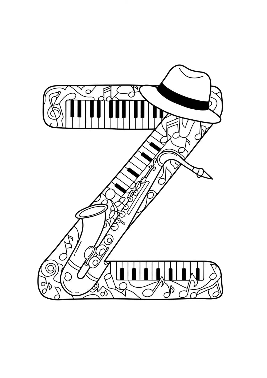 Coloring page with the letter Z and basic jazz-themed elements like notes and saxophones.