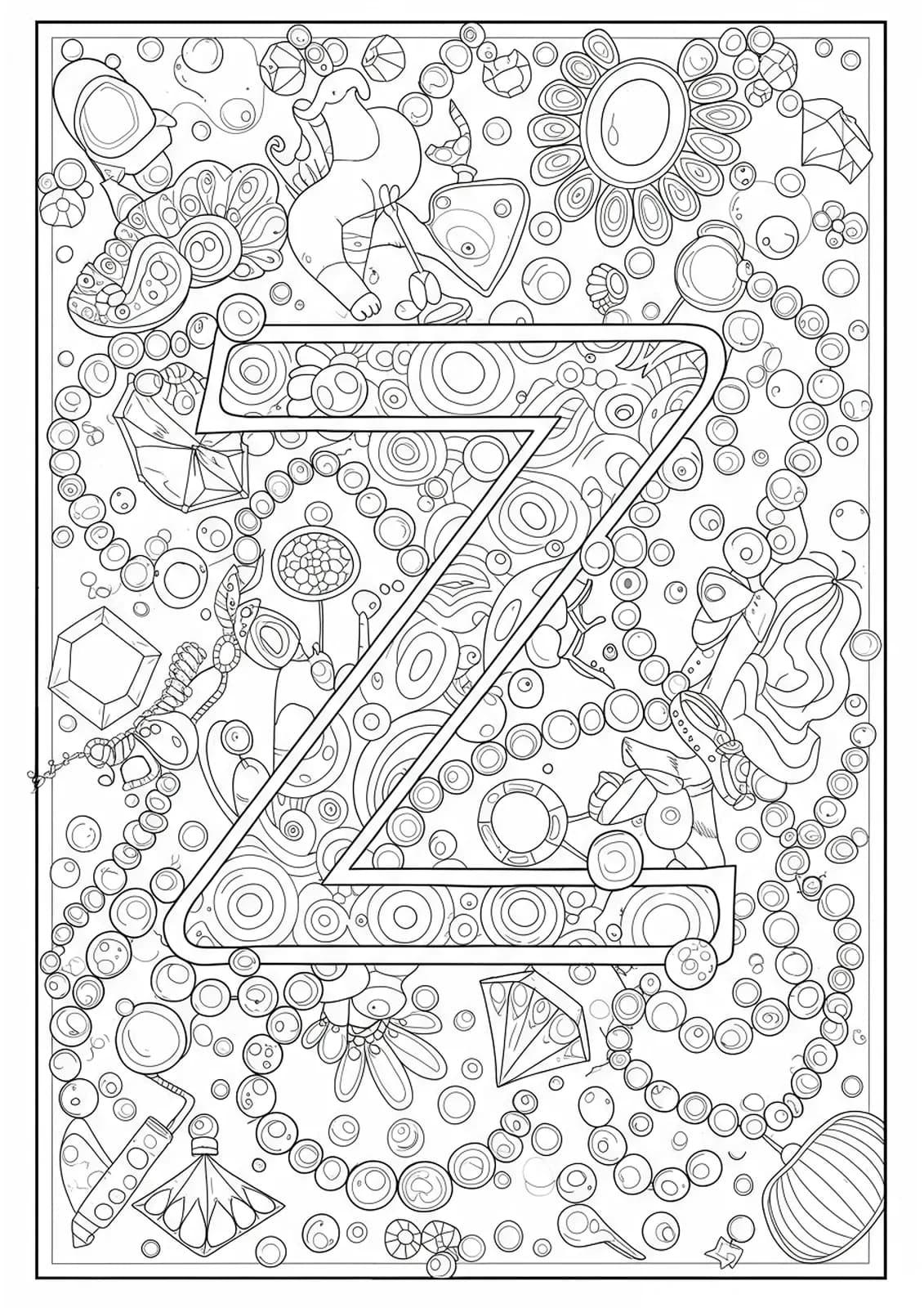 Letter Z with jewelry pieces and gemstone patterns for coloring.
