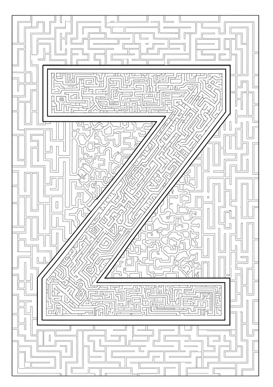 Letter Z composed of and surrounded by complex labyrinth maze patterns for adult coloring.