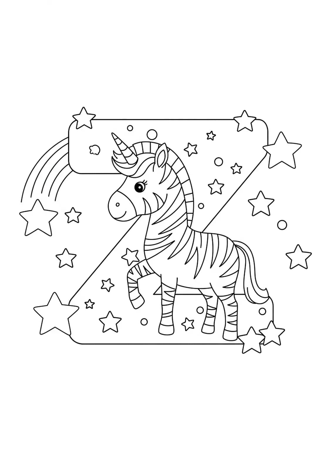 Large letter Z with a zebra unicorn and stars, black and white coloring page for kids.