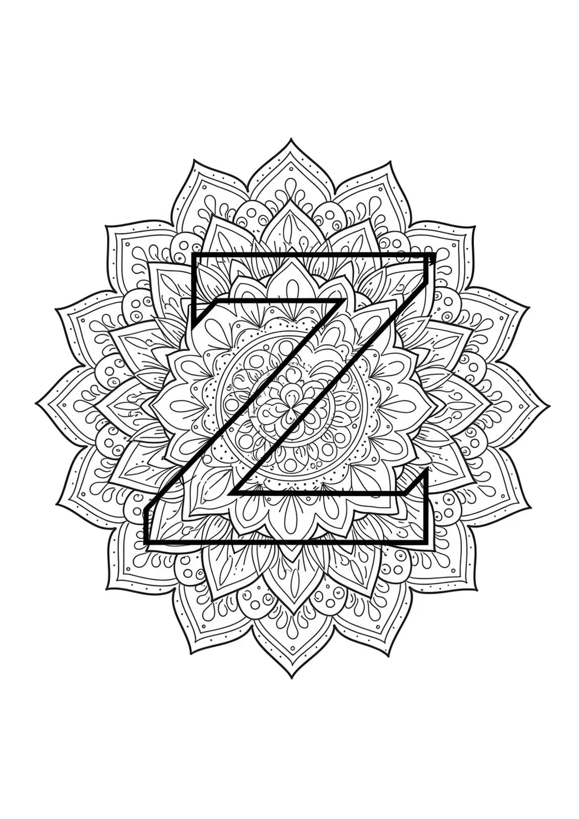 Letter Z surrounded by mandala shapes and circular patterns for coloring.