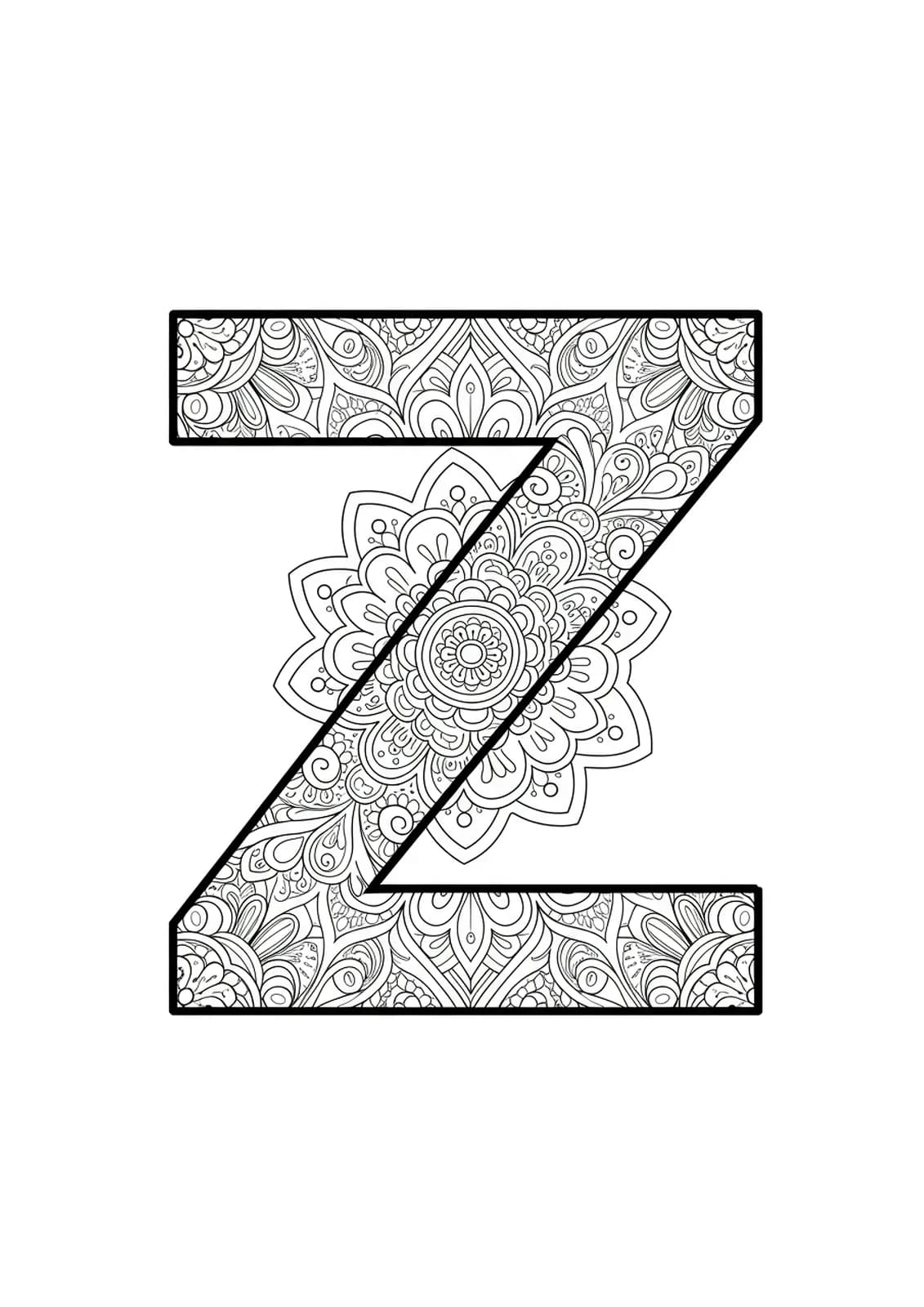 Intricate mandala patterns forming and surrounding the letter Z, designed for adult coloring at a hard difficulty level.