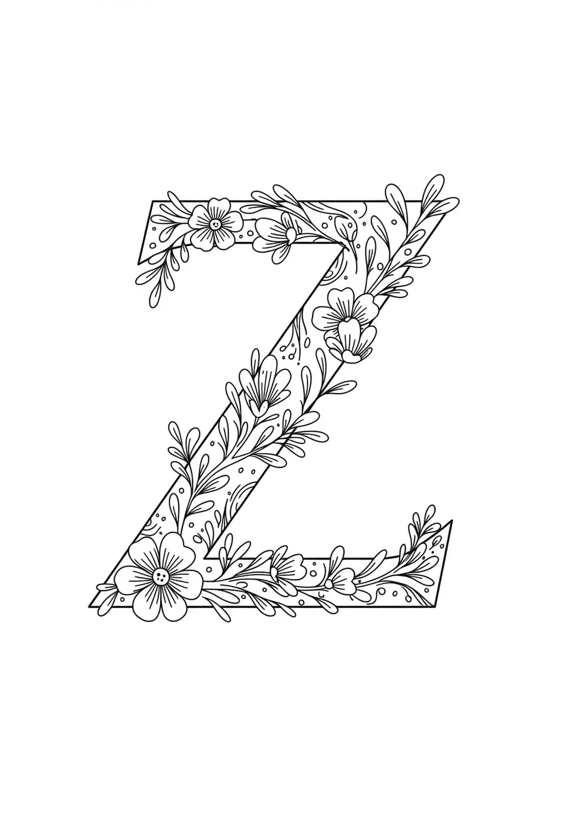 Letter Z outlined with simple floral accents and leaves around it