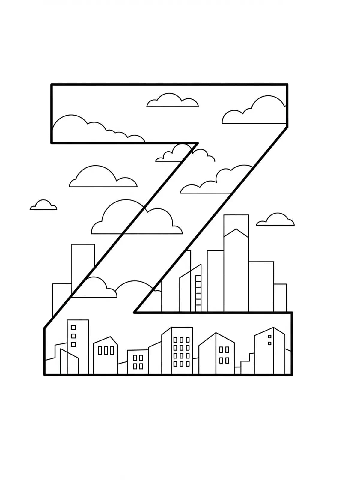 Letter Z with a minimalist city skyline and clouds outlined around it