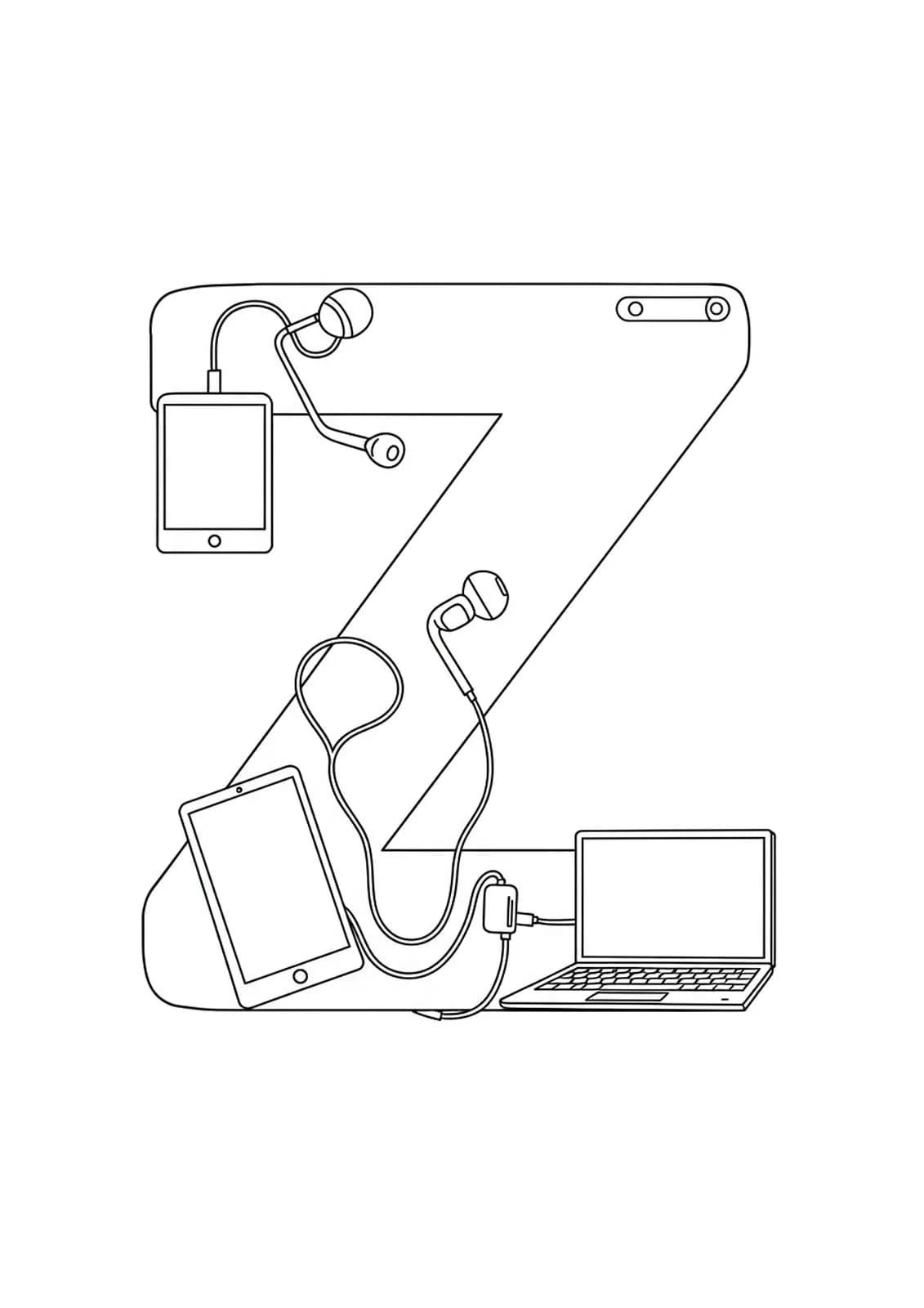 Letter Z outlined with a tablet, earbuds, and a laptop device around it