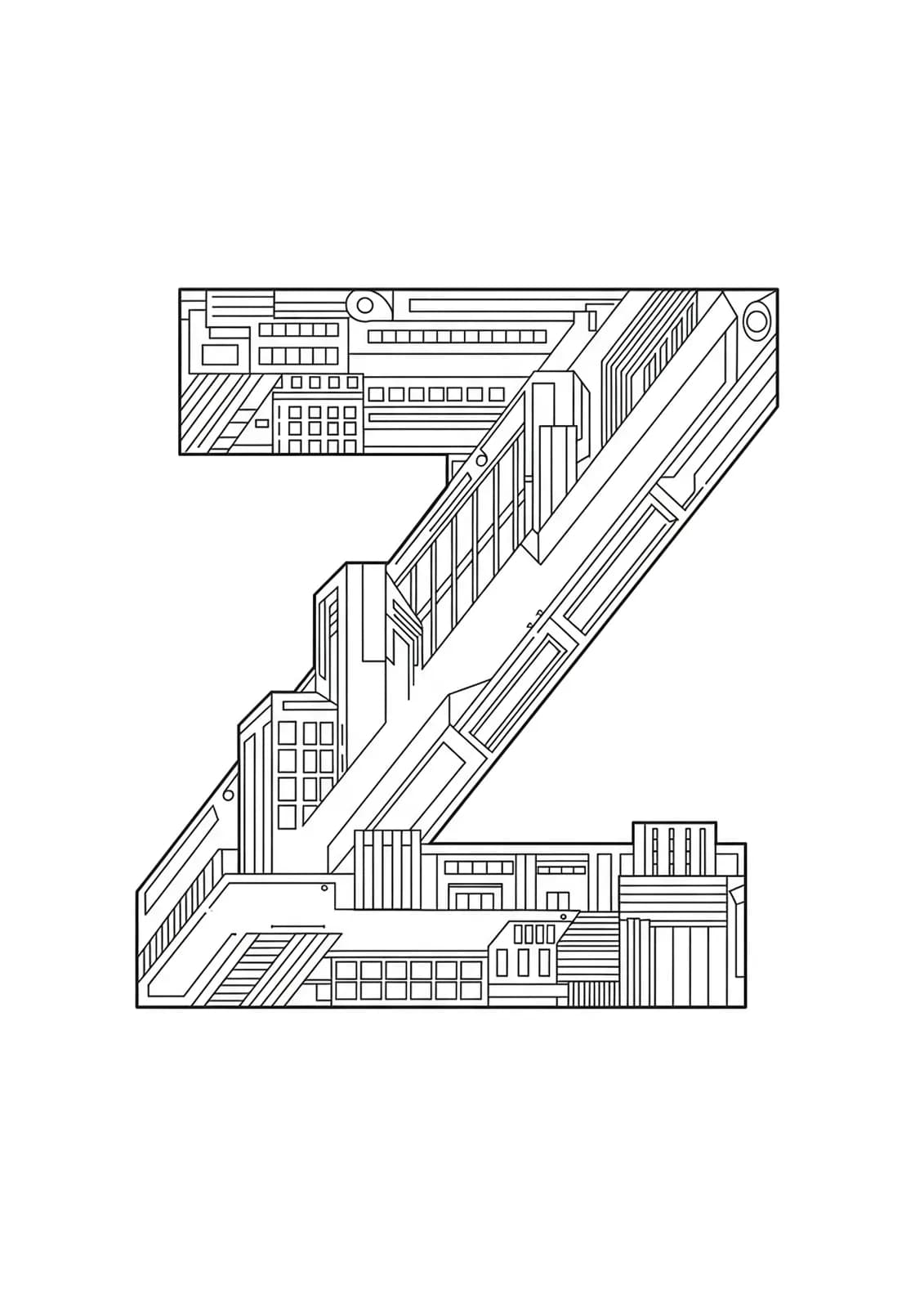 Letter Z with abstract modern buildings and architectural elements for coloring.