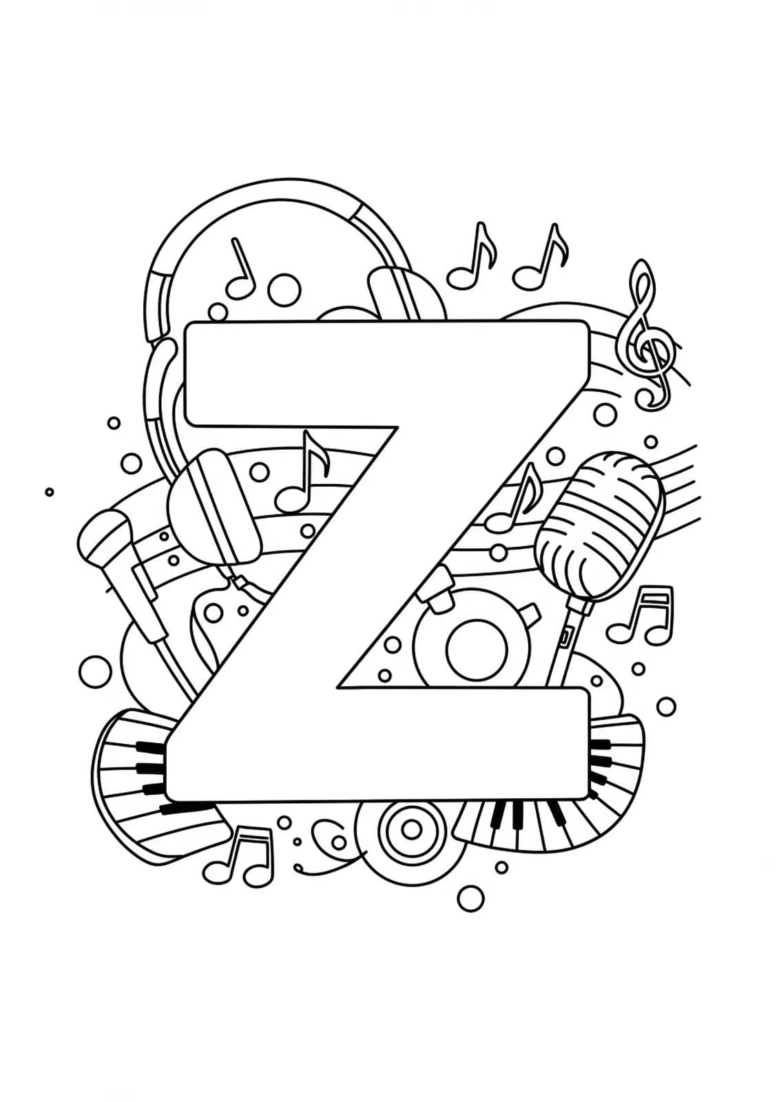 Large letter Z with musical notes, headphones, and a microphone outlined around it