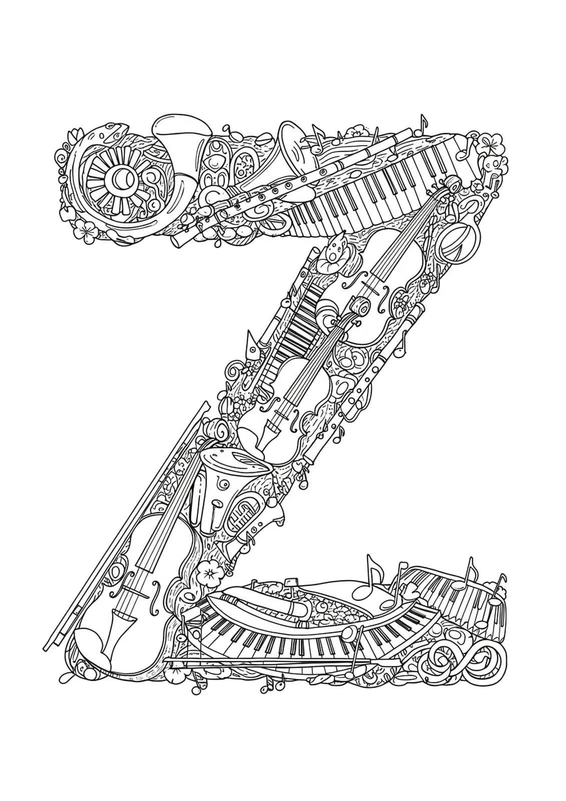 Letter Z surrounded and intertwined with detailed musical instruments for adult coloring.