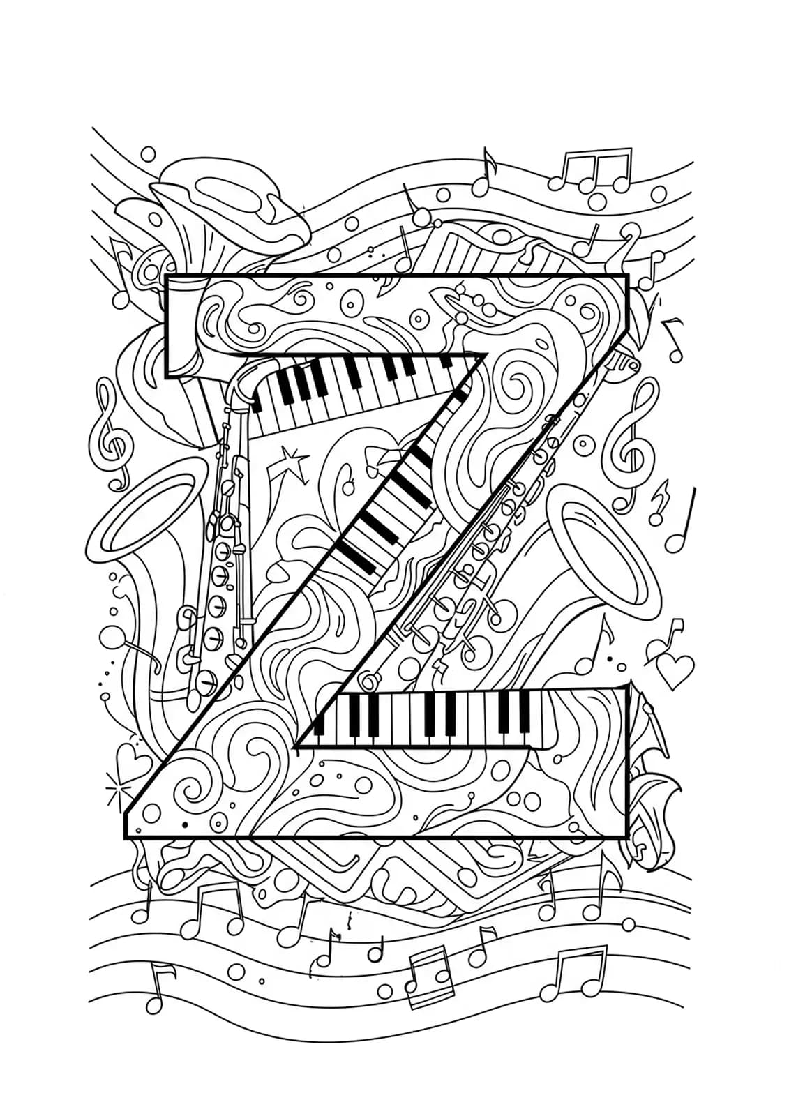 Letter Z adorned with jazz instruments and swirling musical notes for coloring.