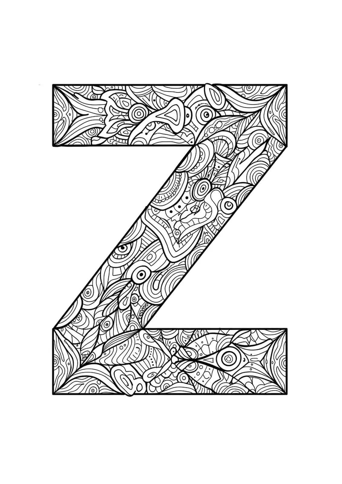 Letter Z formed with complex optical illusion line art patterns for adult coloring.