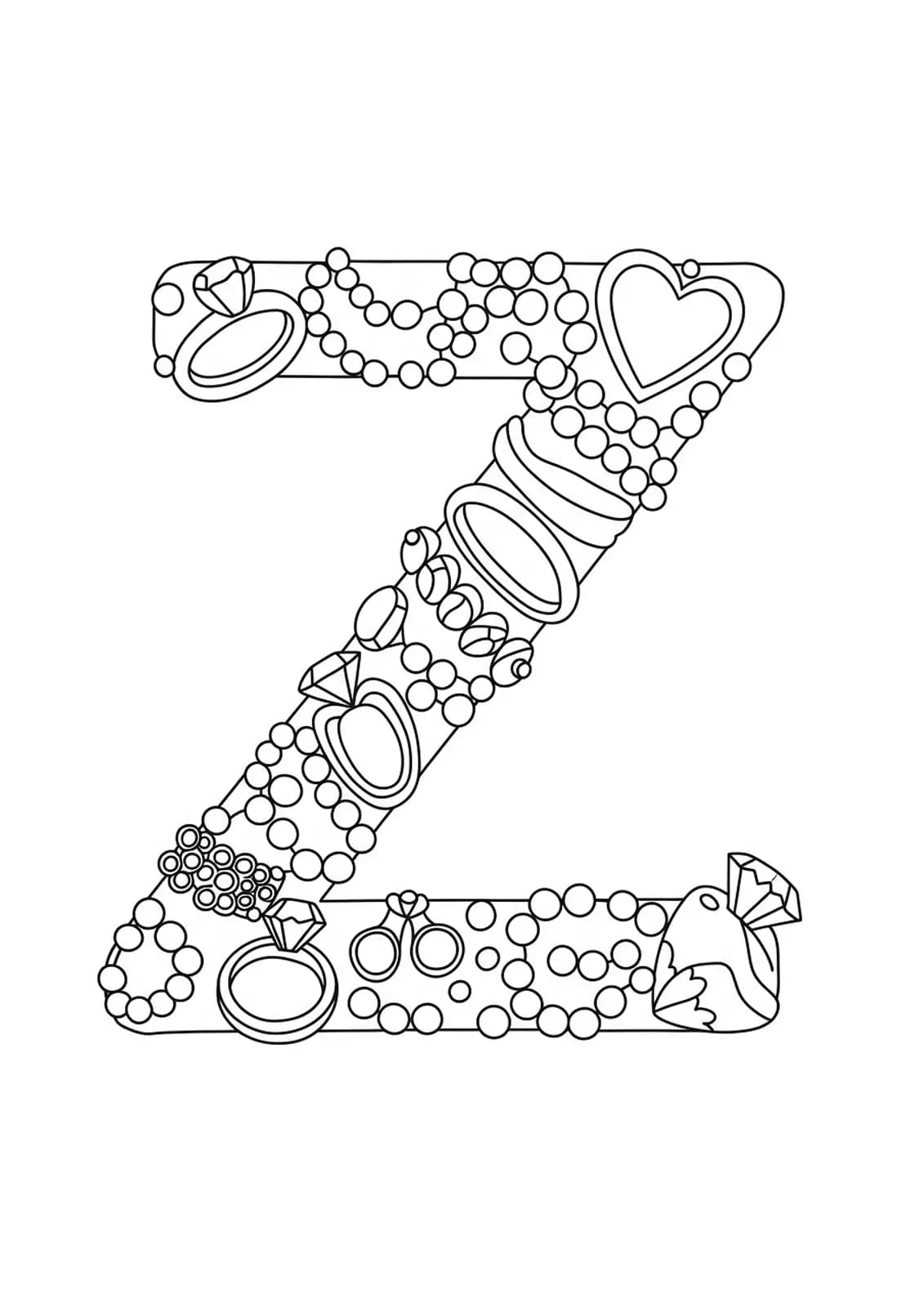 Letter Z with various simple jewelry pieces in large, easy-to-color outlines.