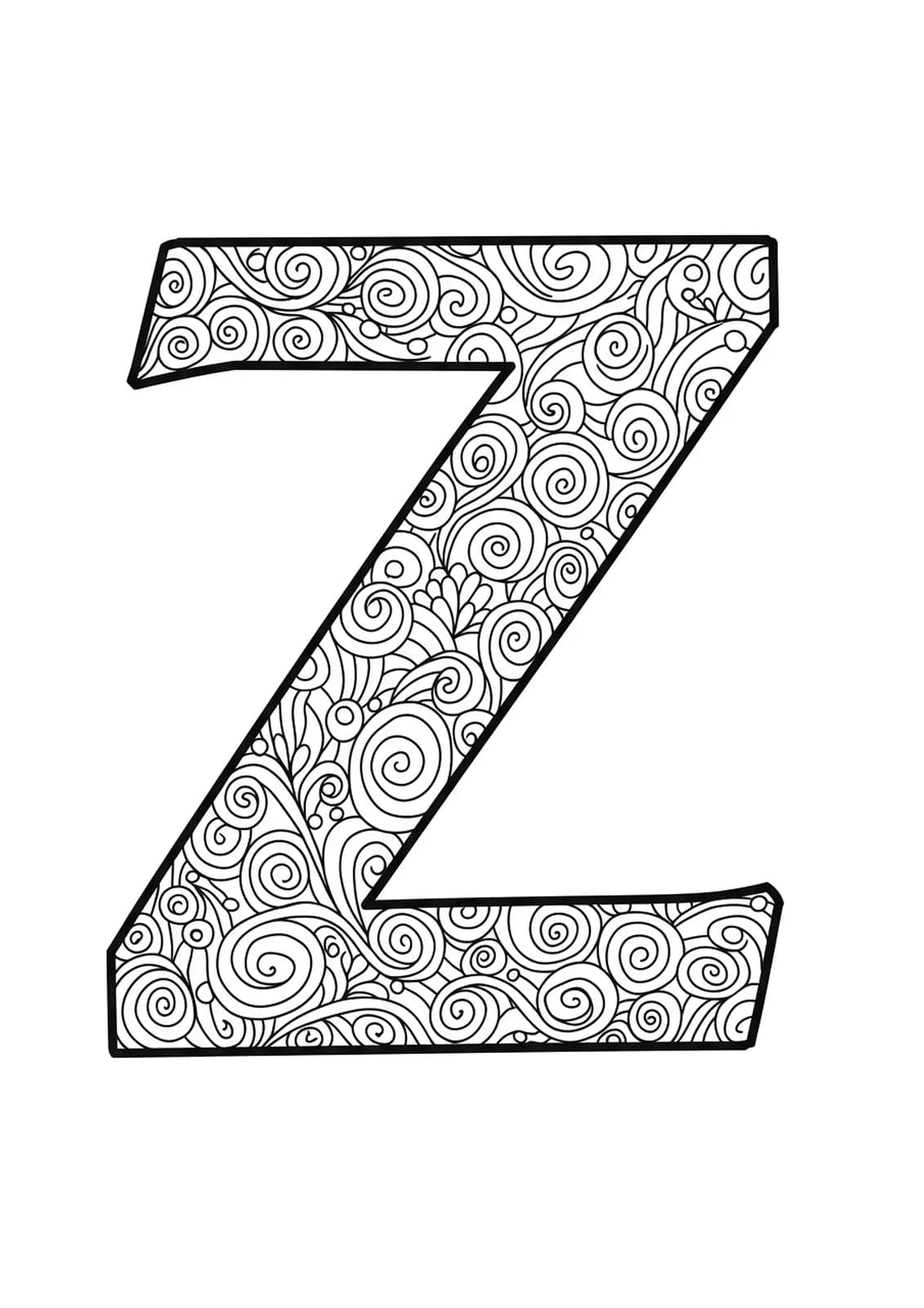 Letter Z with basic Zen doodle swirls and patterns, easy to color.
