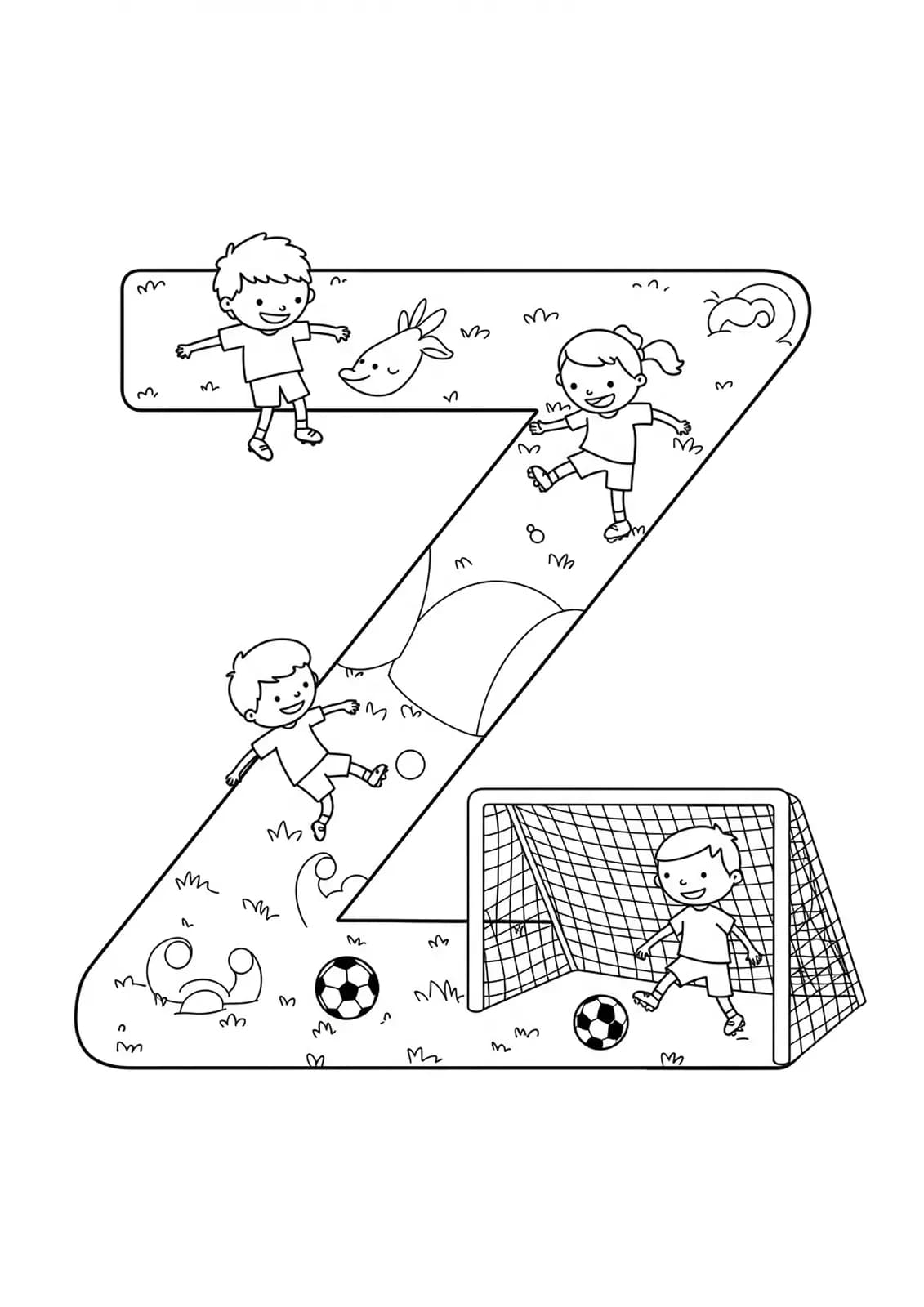 Letter Z with soccer-playing kids, goal nets, and a soccer ball, black and white coloring page.