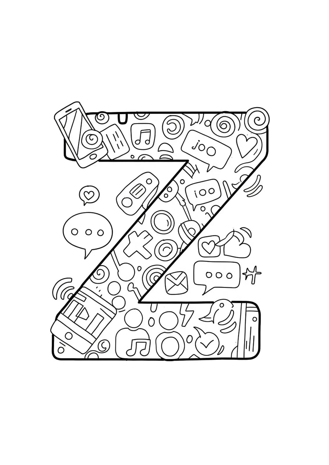 Letter Z surrounded by icons like smartphone, hashtags, and speech bubbles