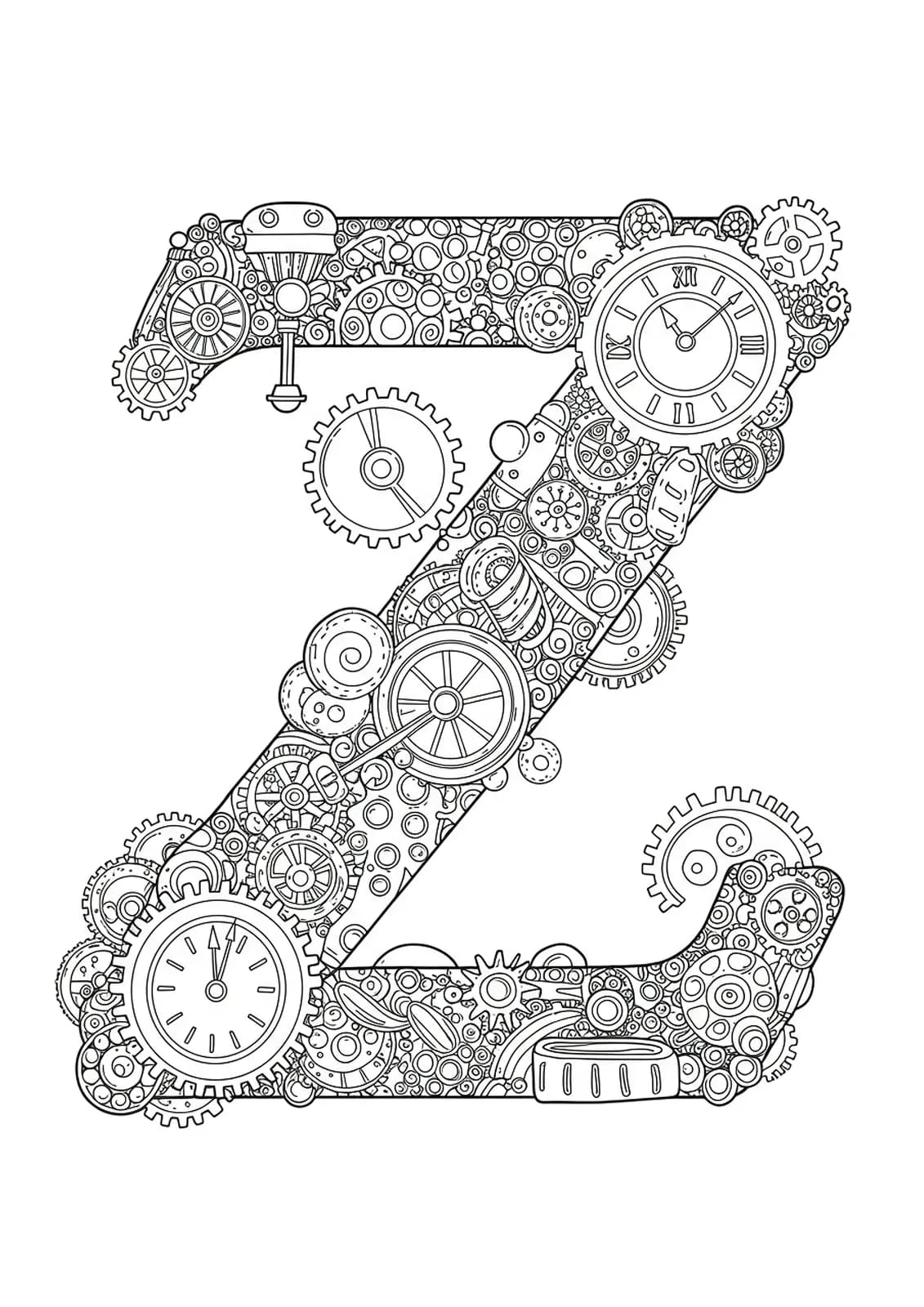 Letter Z integrated with steampunk gears, cogs, and intricate mechanical details for adult coloring.