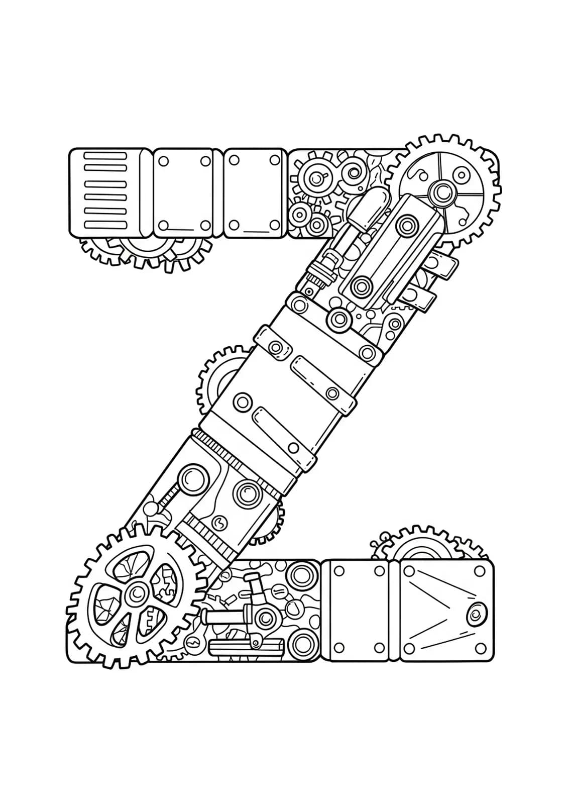 Letter Z combined with steampunk gears and mechanical parts for coloring.