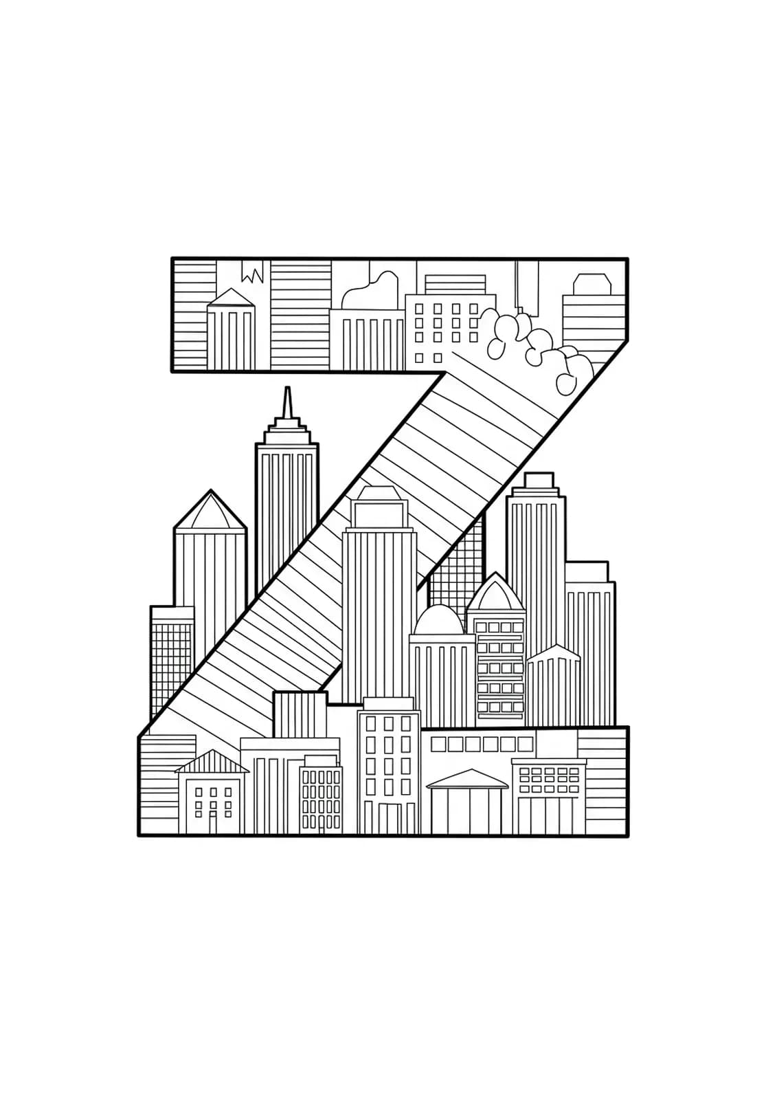Letter Z with detailed city skyline and building silhouettes for coloring.