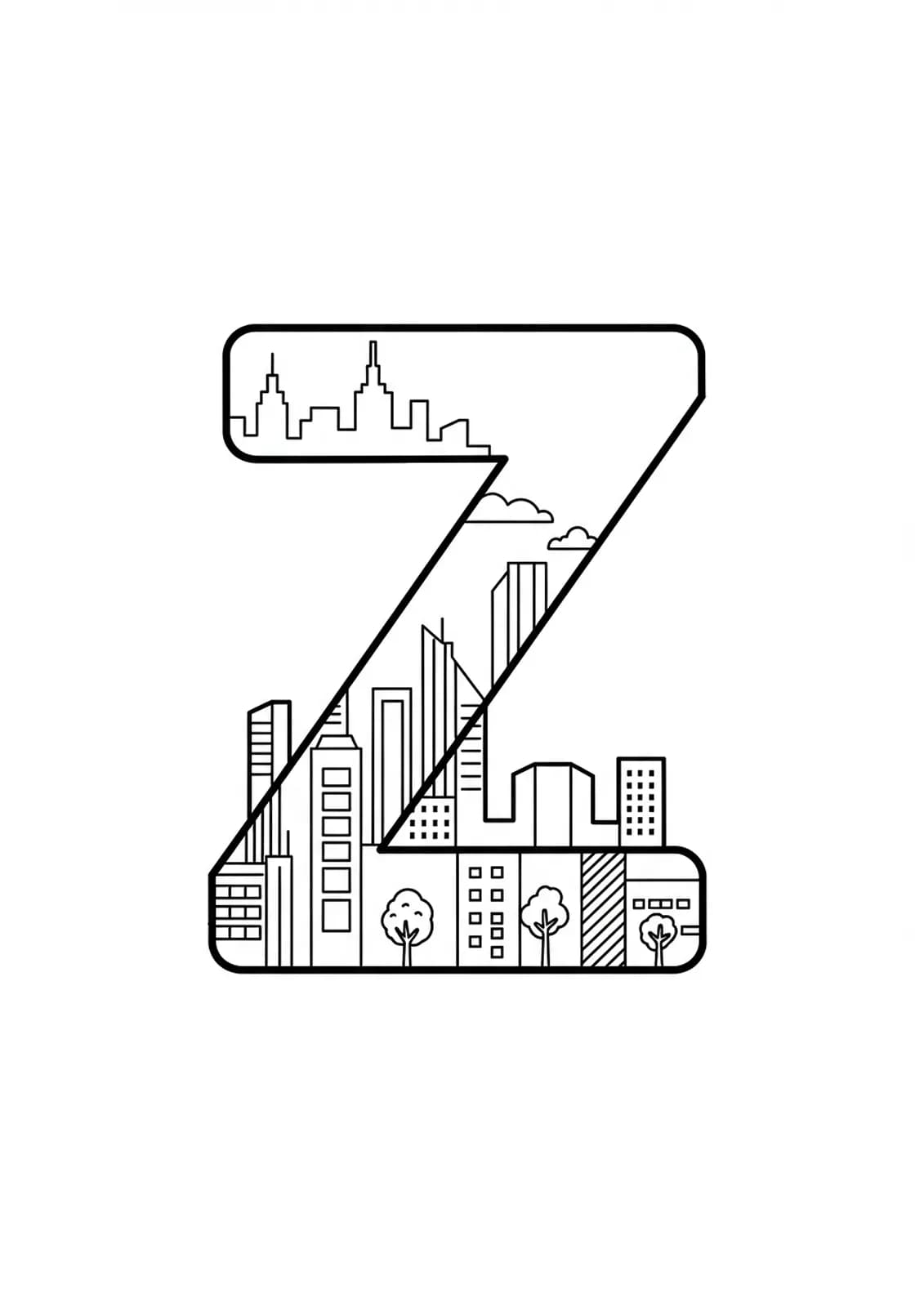 Letter Z at the center with basic outlines of a city skyline in the background.