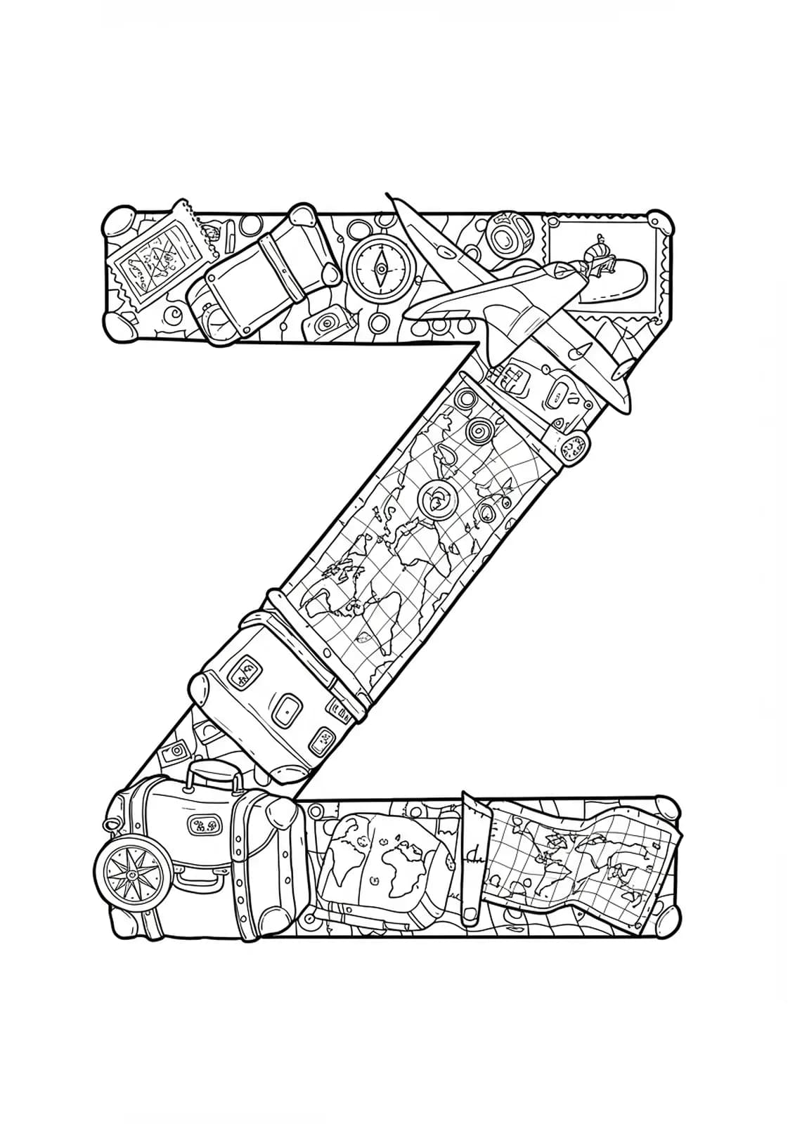 Letter Z with vintage suitcases, maps, and compasses for coloring.