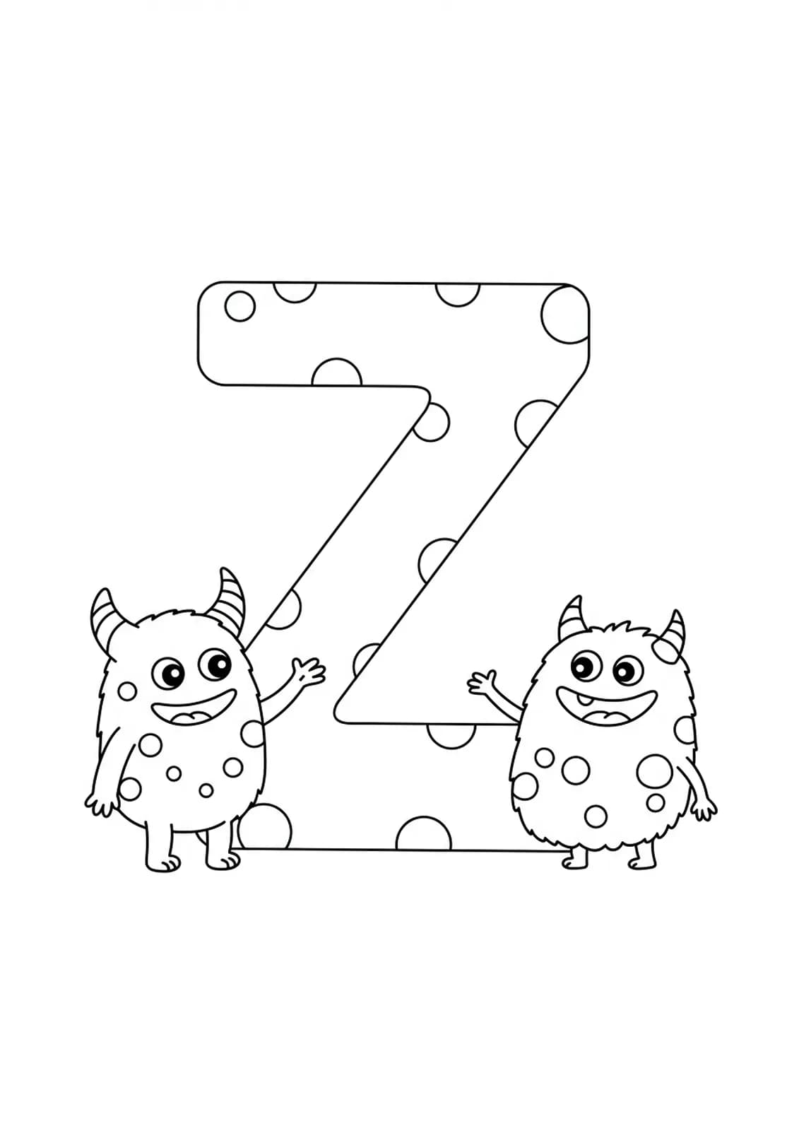 Line art showing large letter Z with two easy, silly monsters beside it.