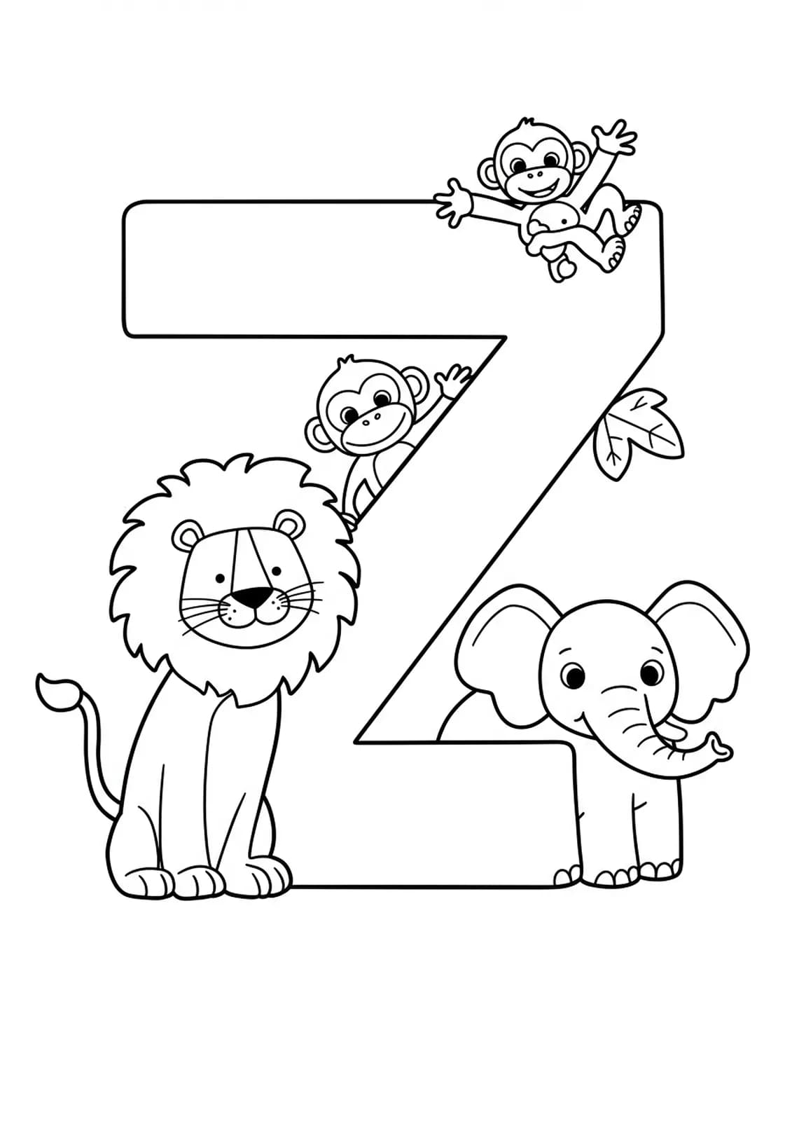 Easy coloring page showing large letter Z with simple zoo animals: lion, monkey, elephant.