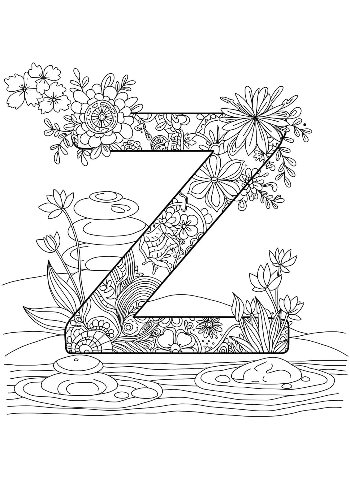 Letter Z with Zen garden elements, stones, and sand patterns for coloring.