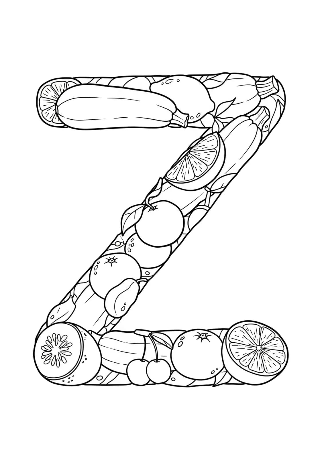 Letter Z coloring page with zucchini, lemons, and oranges for easy coloring by elementary kids.