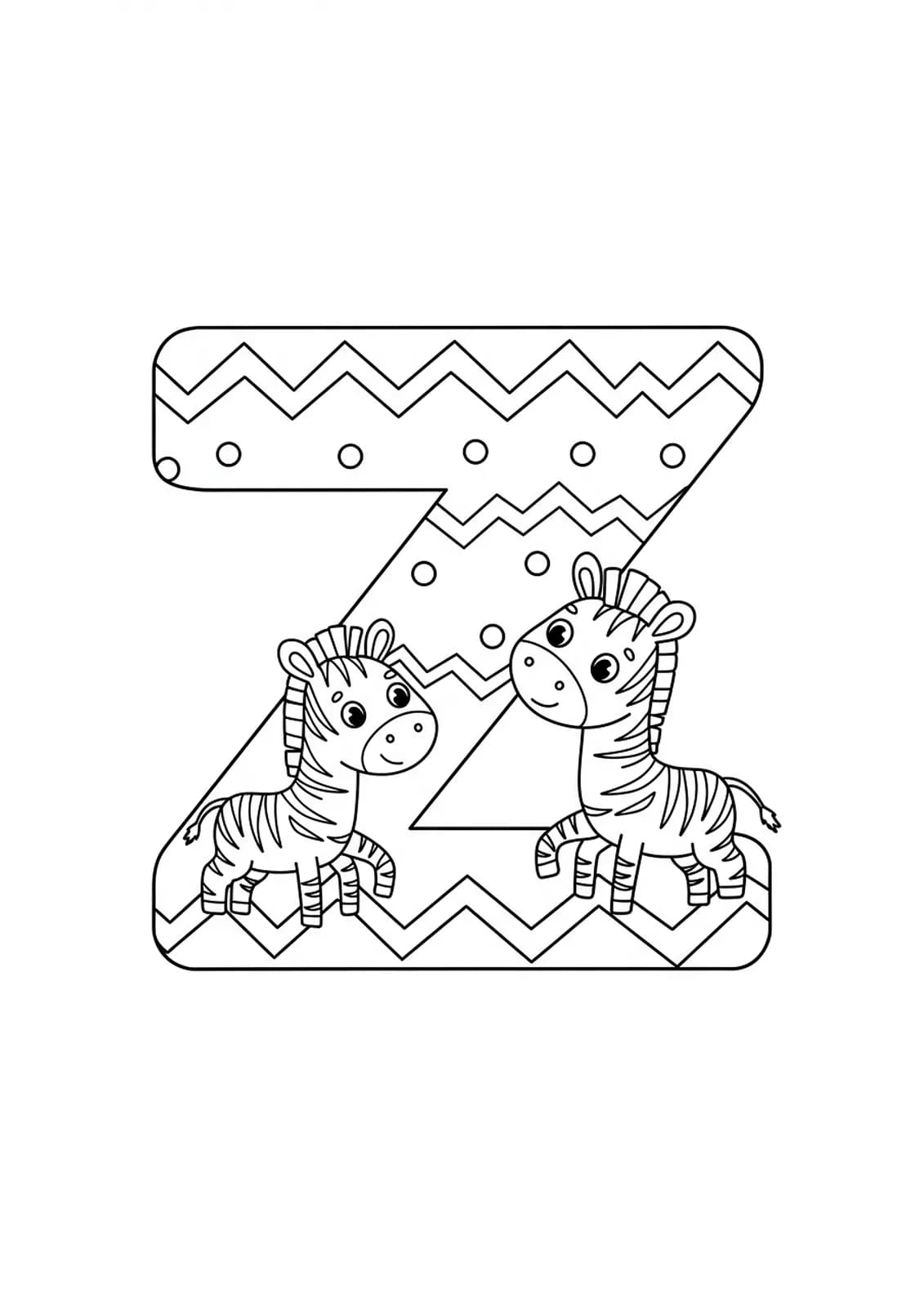 Simple letter Z coloring page with two smiling zebras and zigzag lines around the large letter Z.