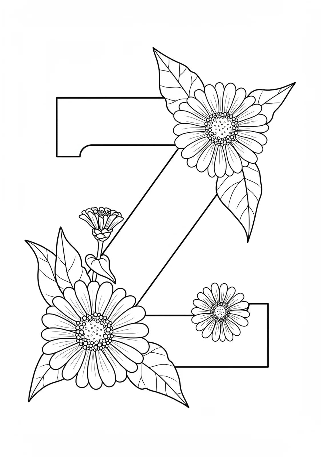 Letter Z with blooming zinnia flowers and leaves, black and white coloring page.