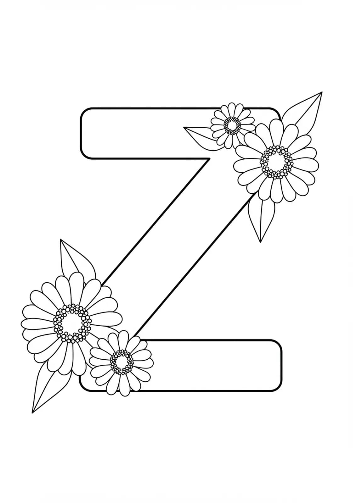 Easy coloring page with a large letter Z and three simple zinnia flowers.