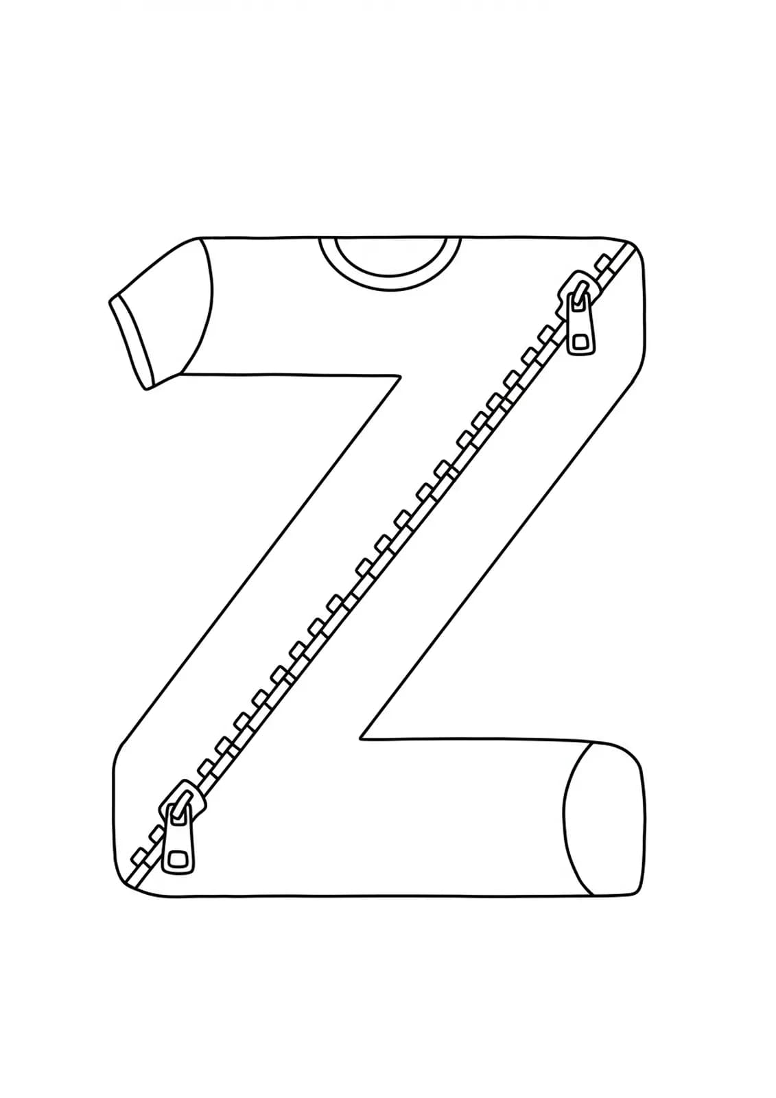 Letter Z with a zipper going through shirts and jackets, black and white coloring page for preschool.