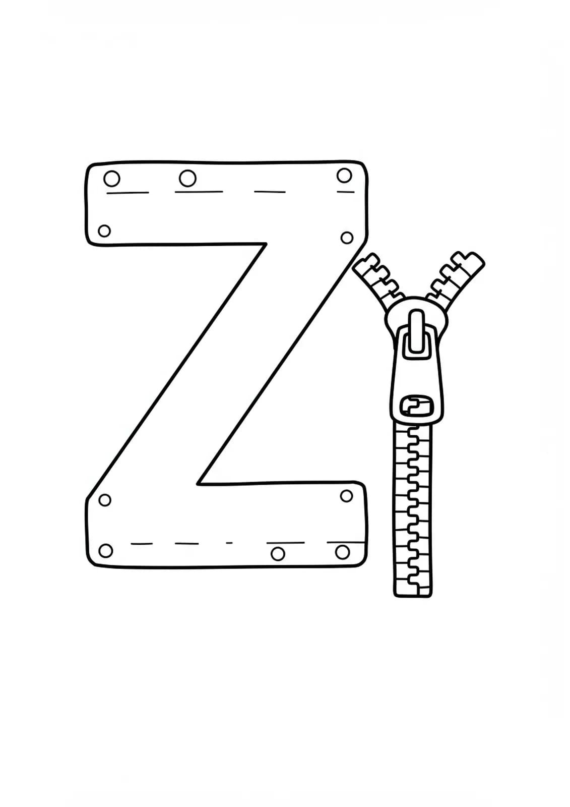 Easy letter Z coloring page with a cartoon zipper, designed for elementary students.