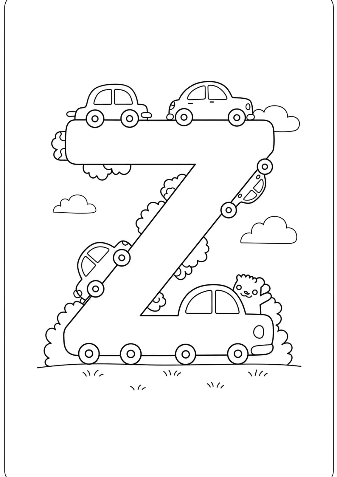 Line art coloring page of a big letter Z with several simple cartoon cars driving around it.