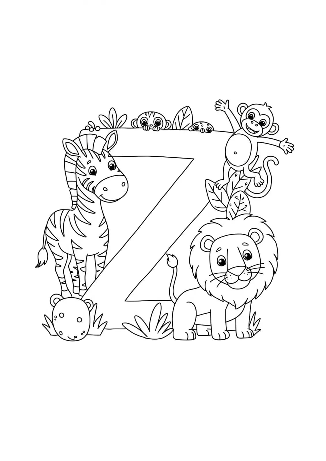Easy letter Z coloring page with zoo animals including a zebra, lion, and monkey, designed for elementary children.