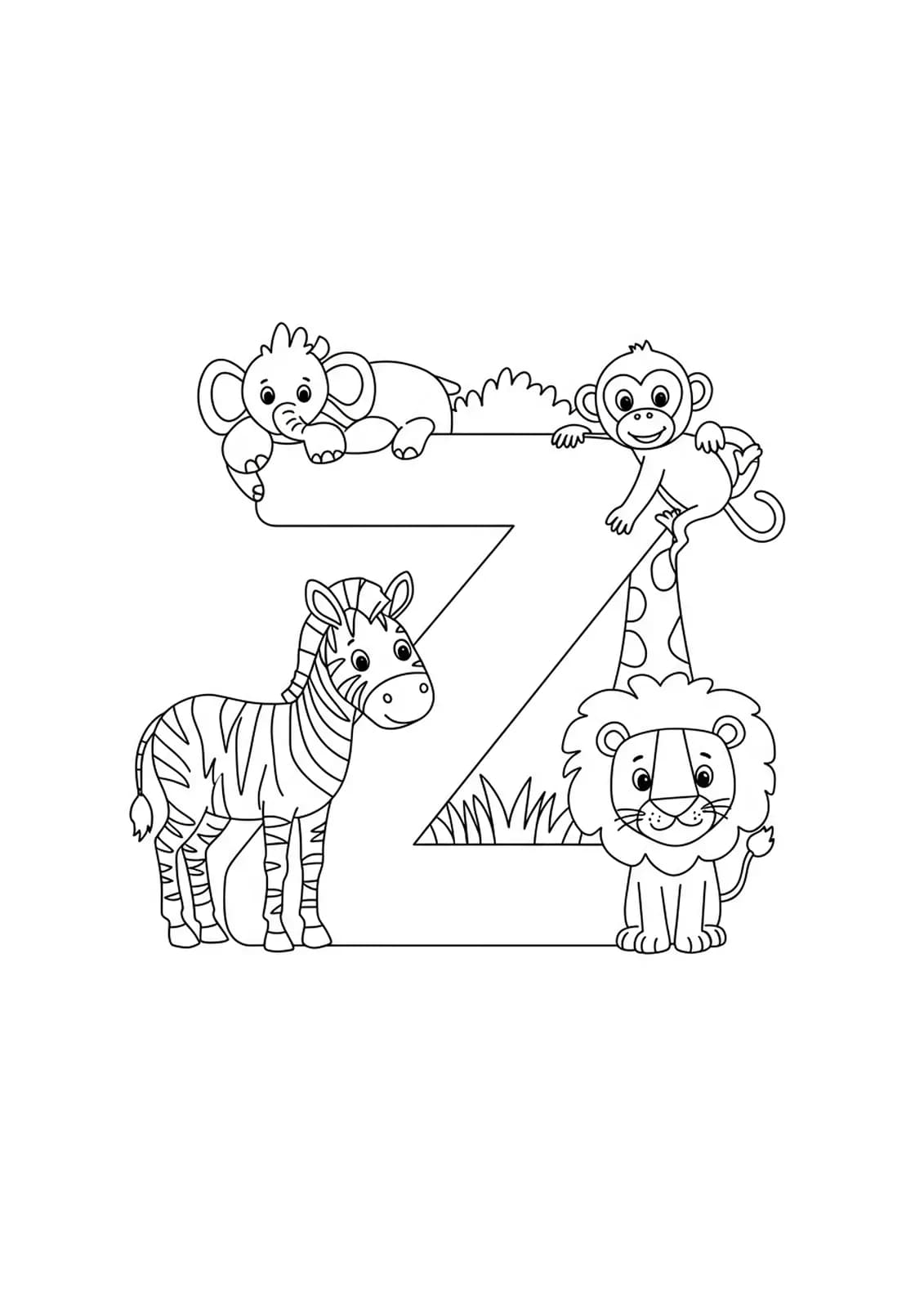 Large letter Z with zoo animals like zebra, lion, and monkey around it, black and white line art for coloring.