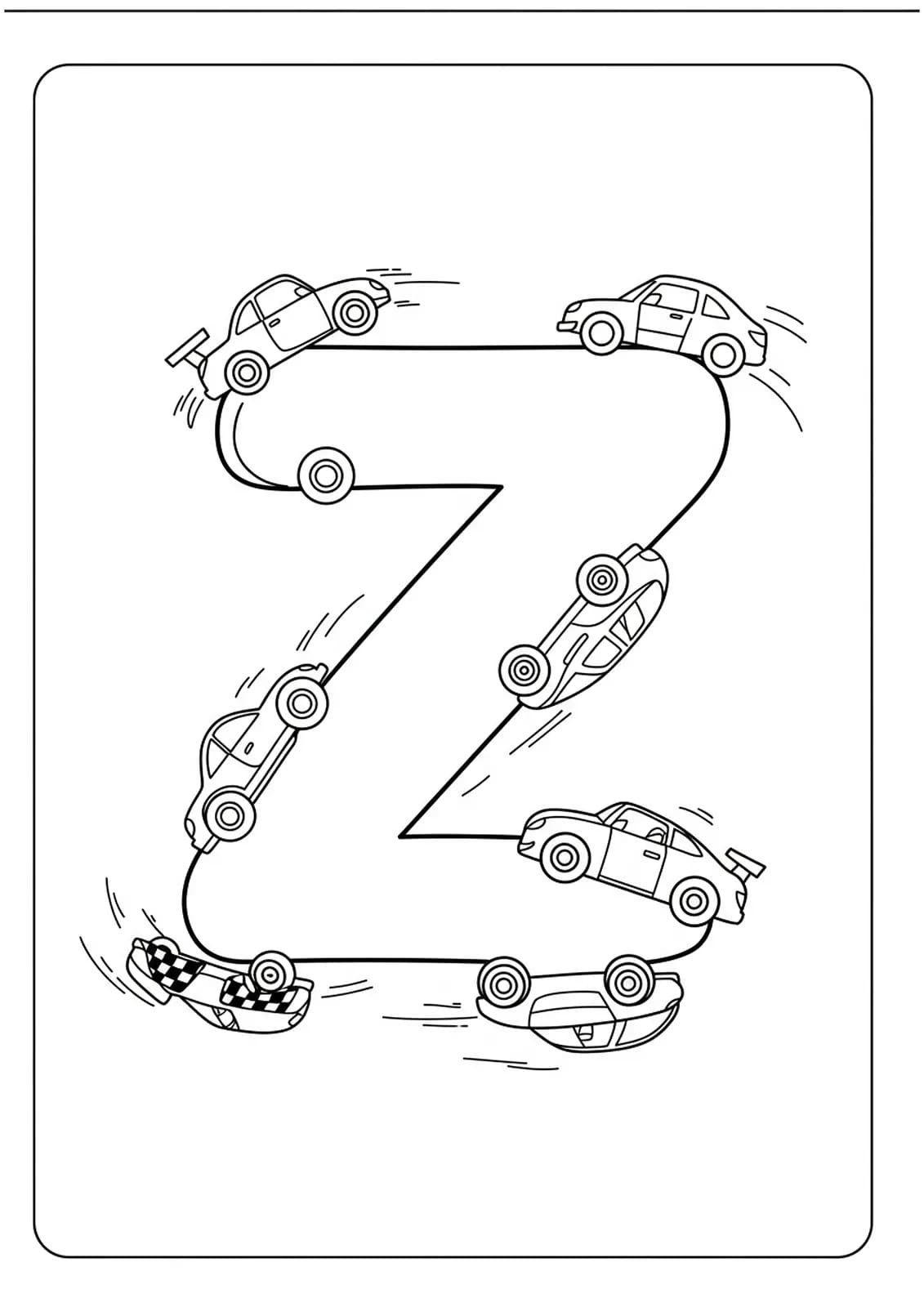 Letter Z with race cars zooming around it, black and white line art for coloring.