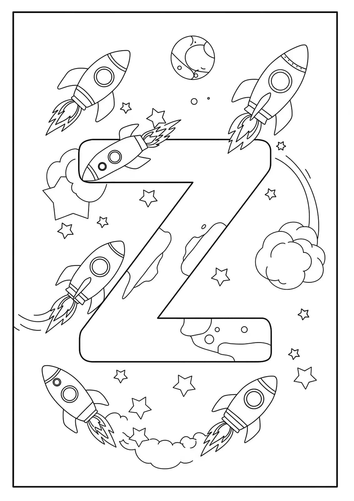Easy coloring page with a big letter Z and cartoon rockets zooming around it.