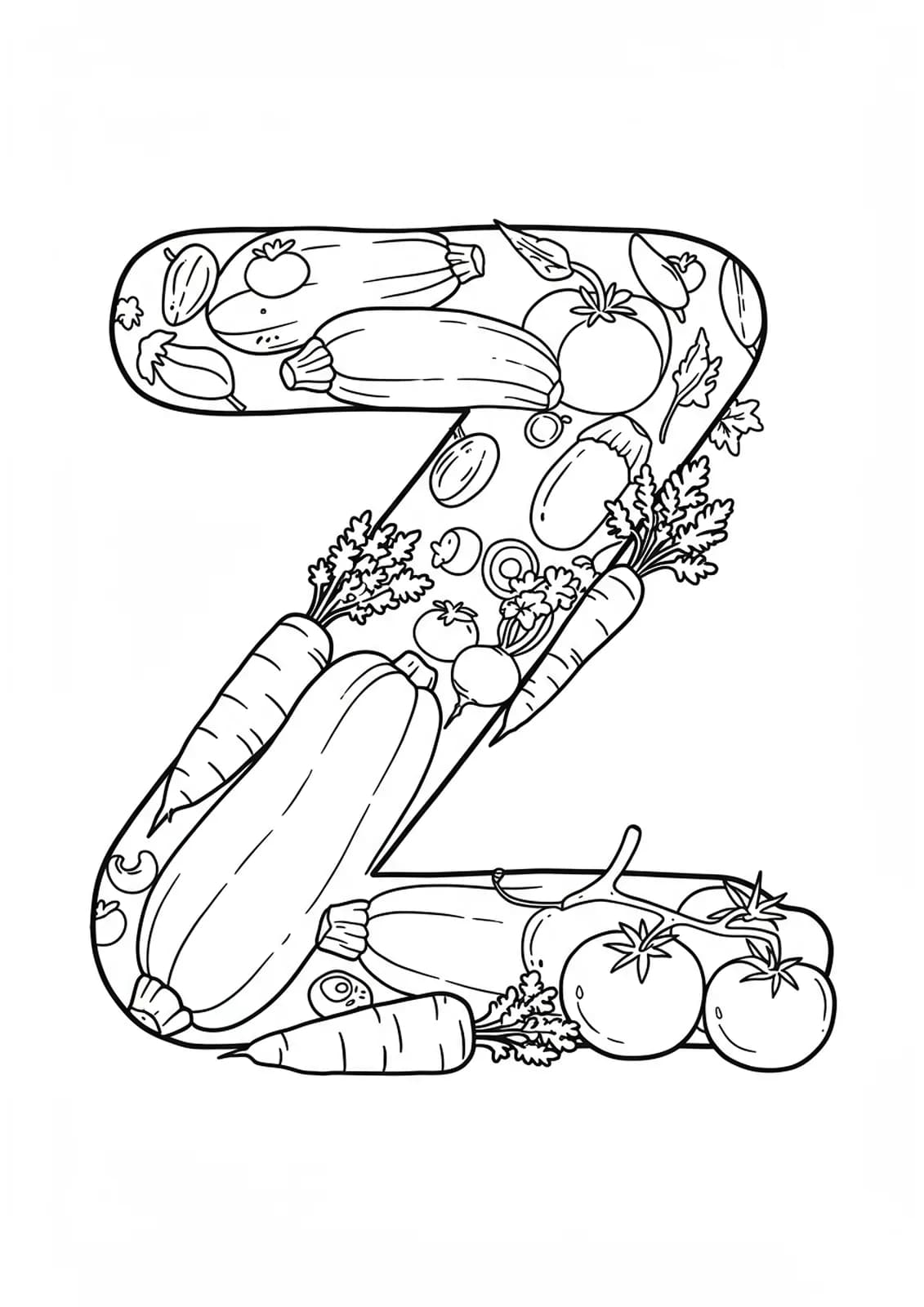 Letter Z with zucchinis, carrots, and tomatoes, black and white coloring page for preschool.