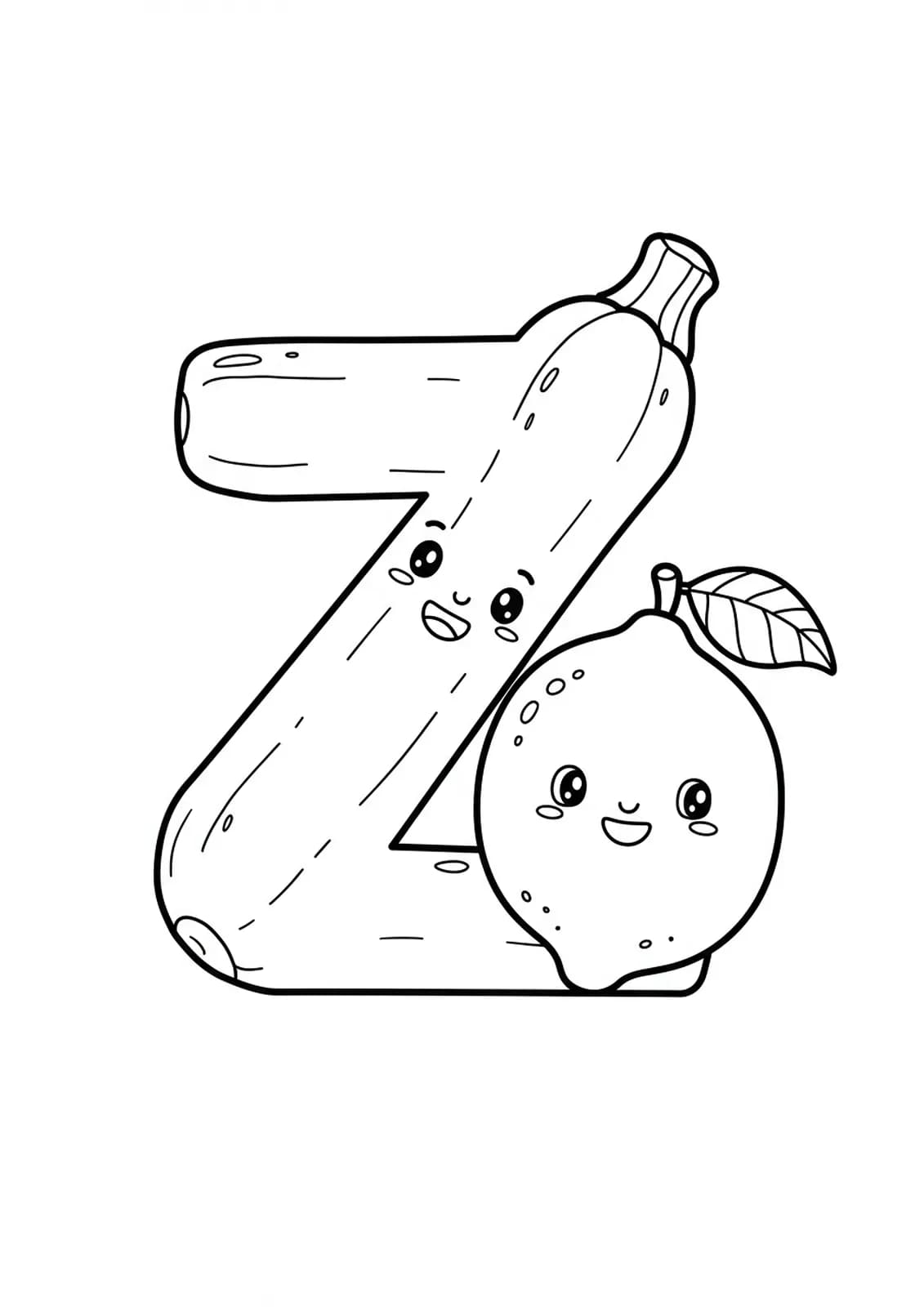 Simple coloring page with a large letter Z, a smiling zucchini, and a lemon.
