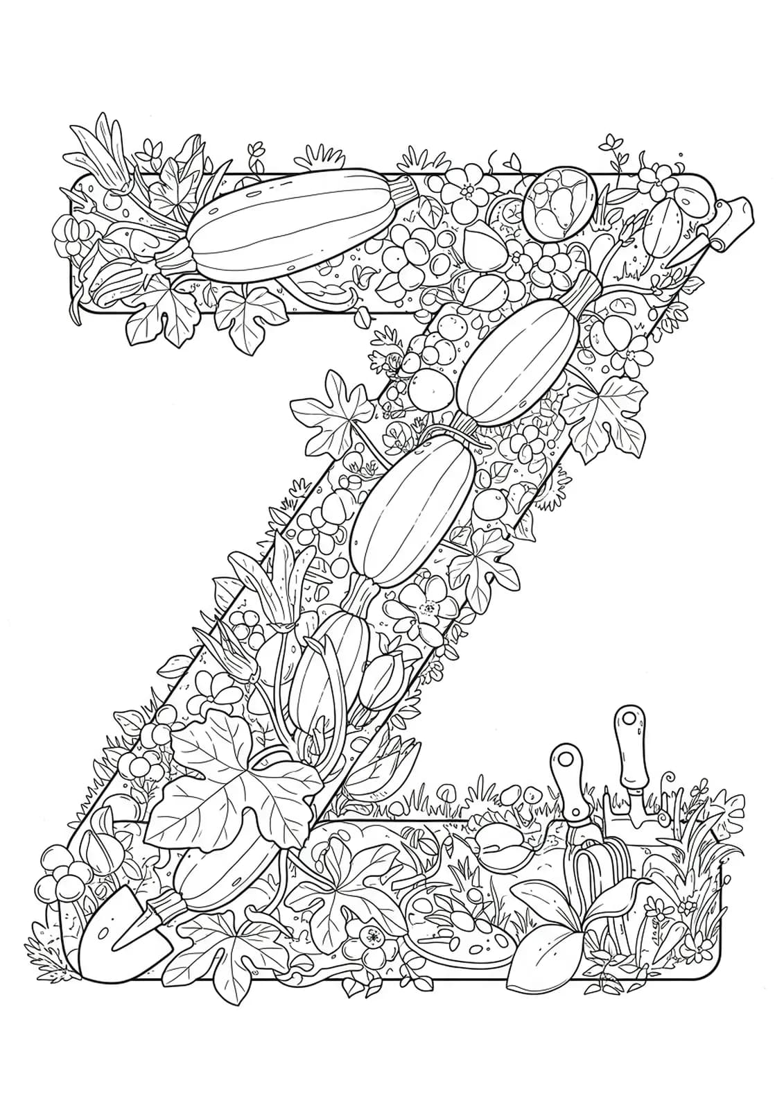 Letter Z with zucchini plants, flowers, and garden tools, food and gardening coloring page for kids.