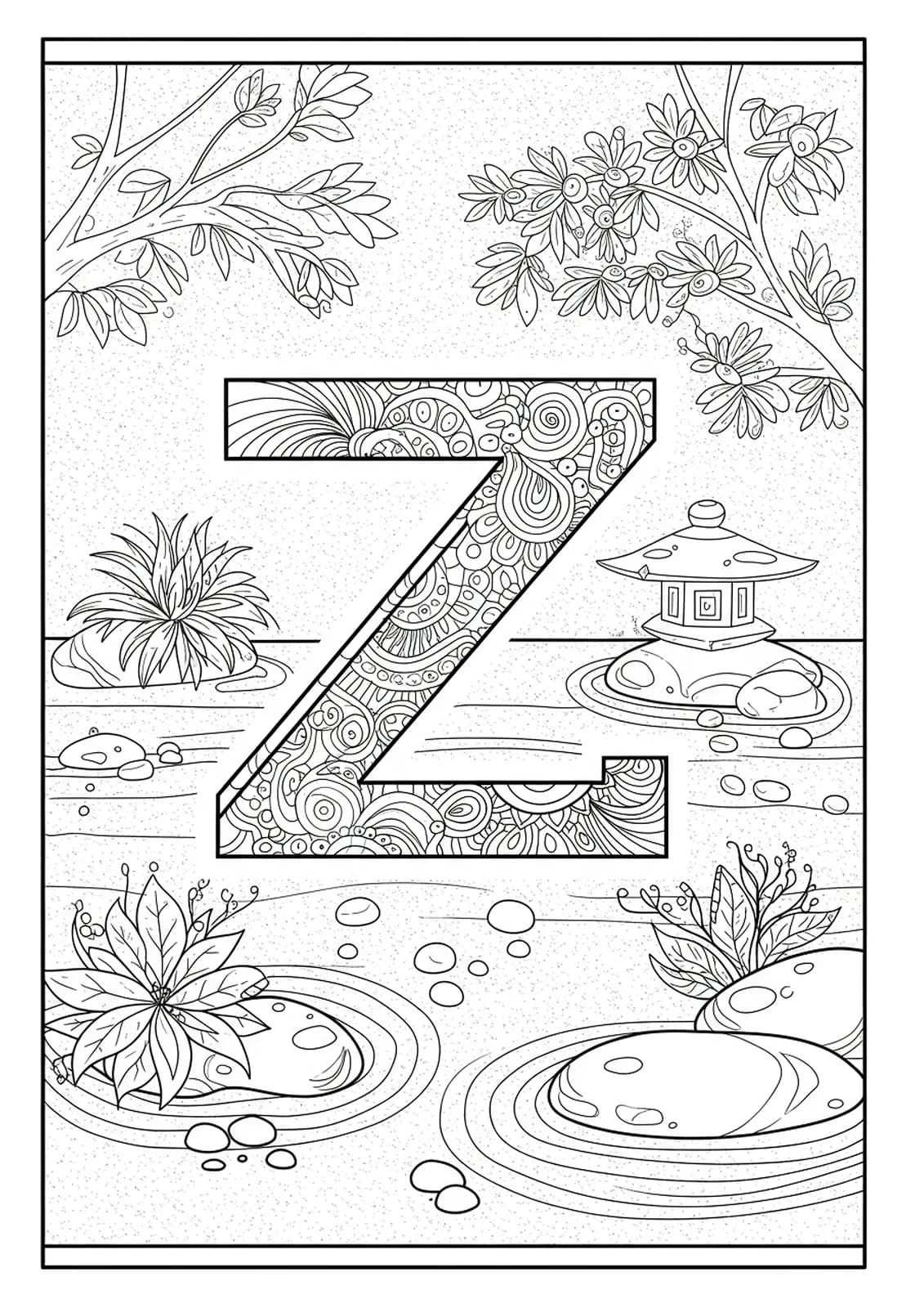 Mandala coloring page with letter Z in the center, surrounded by Zen garden textures for teens