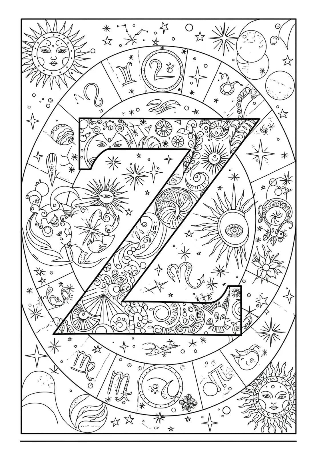 Astrology themed coloring page with the letter Z and zodiac symbols in a starry background for teens
