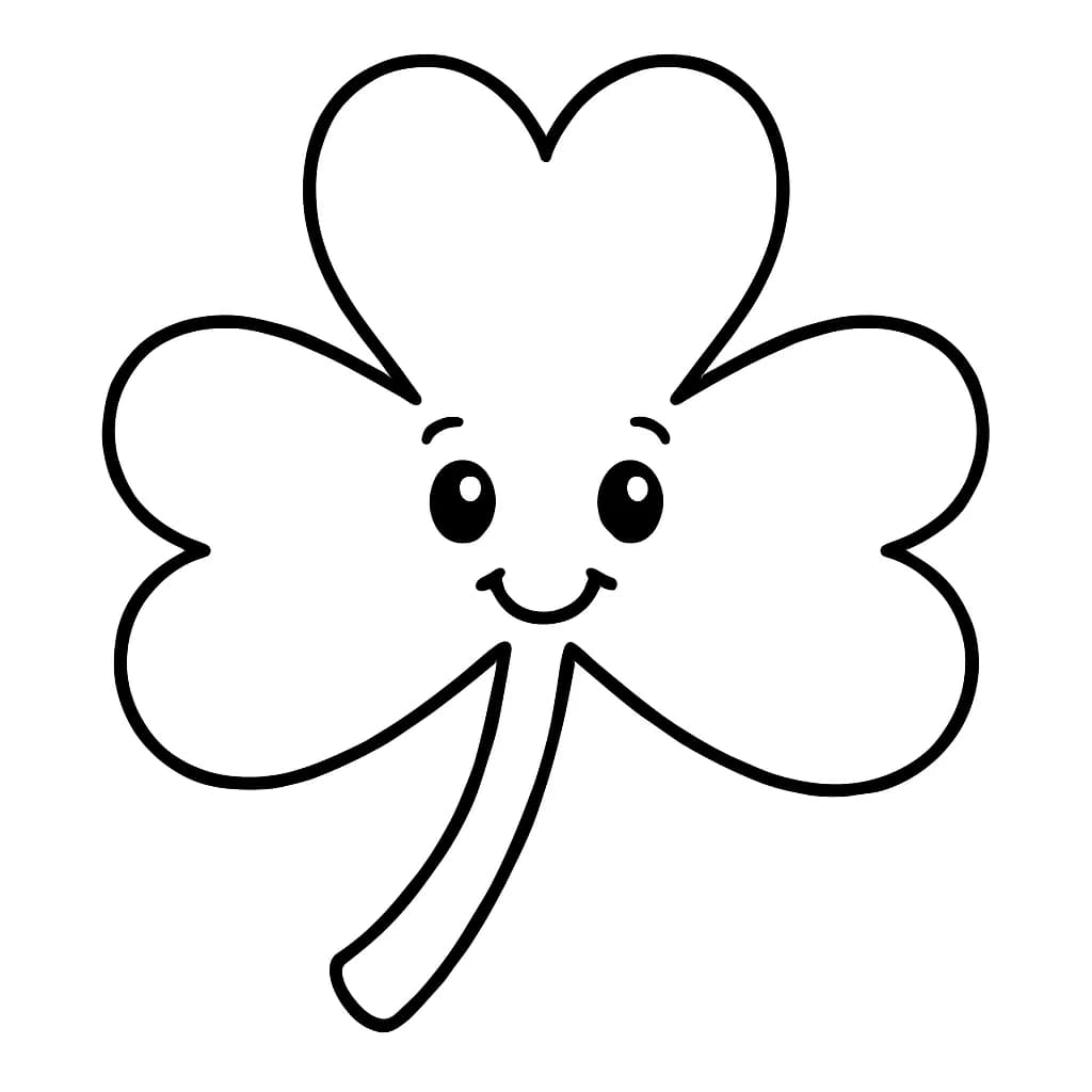 Simple coloring page of a large smiling shamrock for preschoolers.