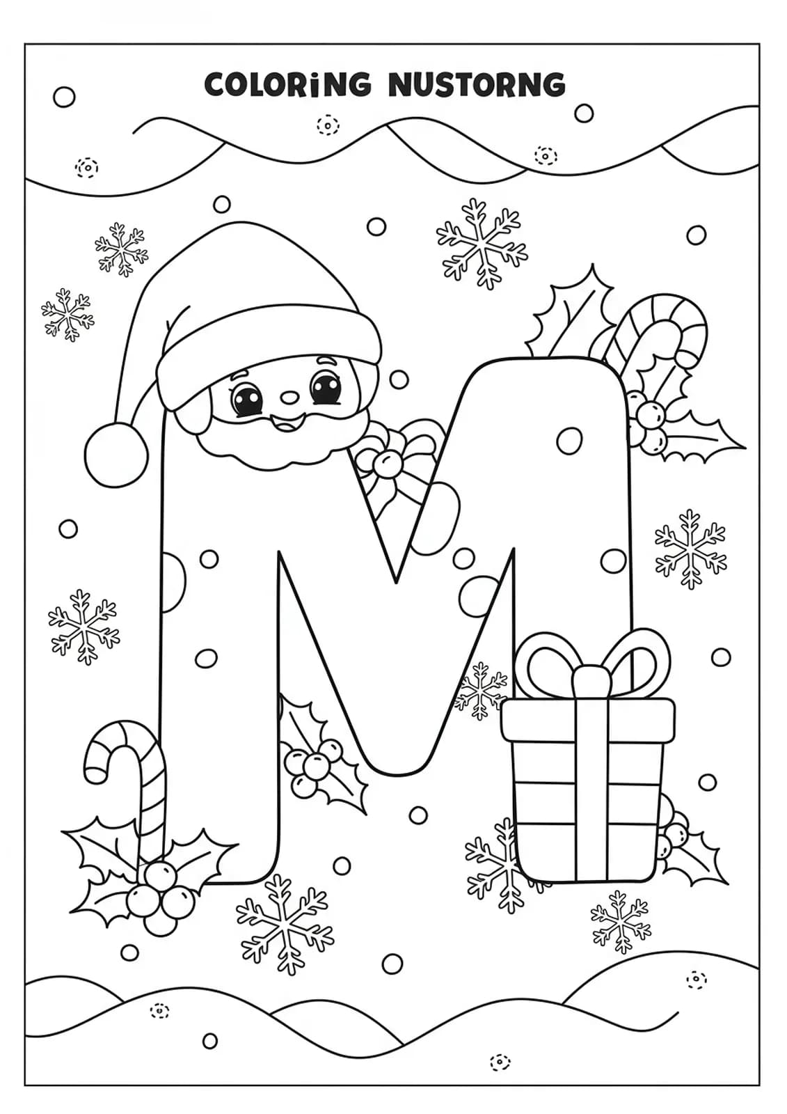 Letter M with Santa hat, candy canes, holly, and snowflakes, designed for preschool Christmas coloring.