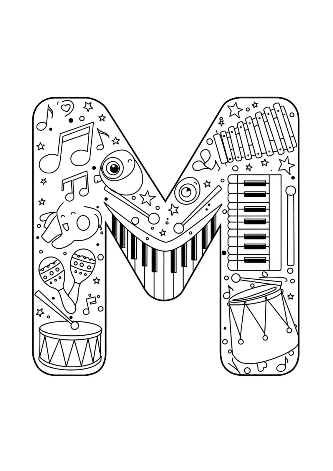 Letter M with musical notes, drum, maracas, and xylophone, for preschool music coloring.