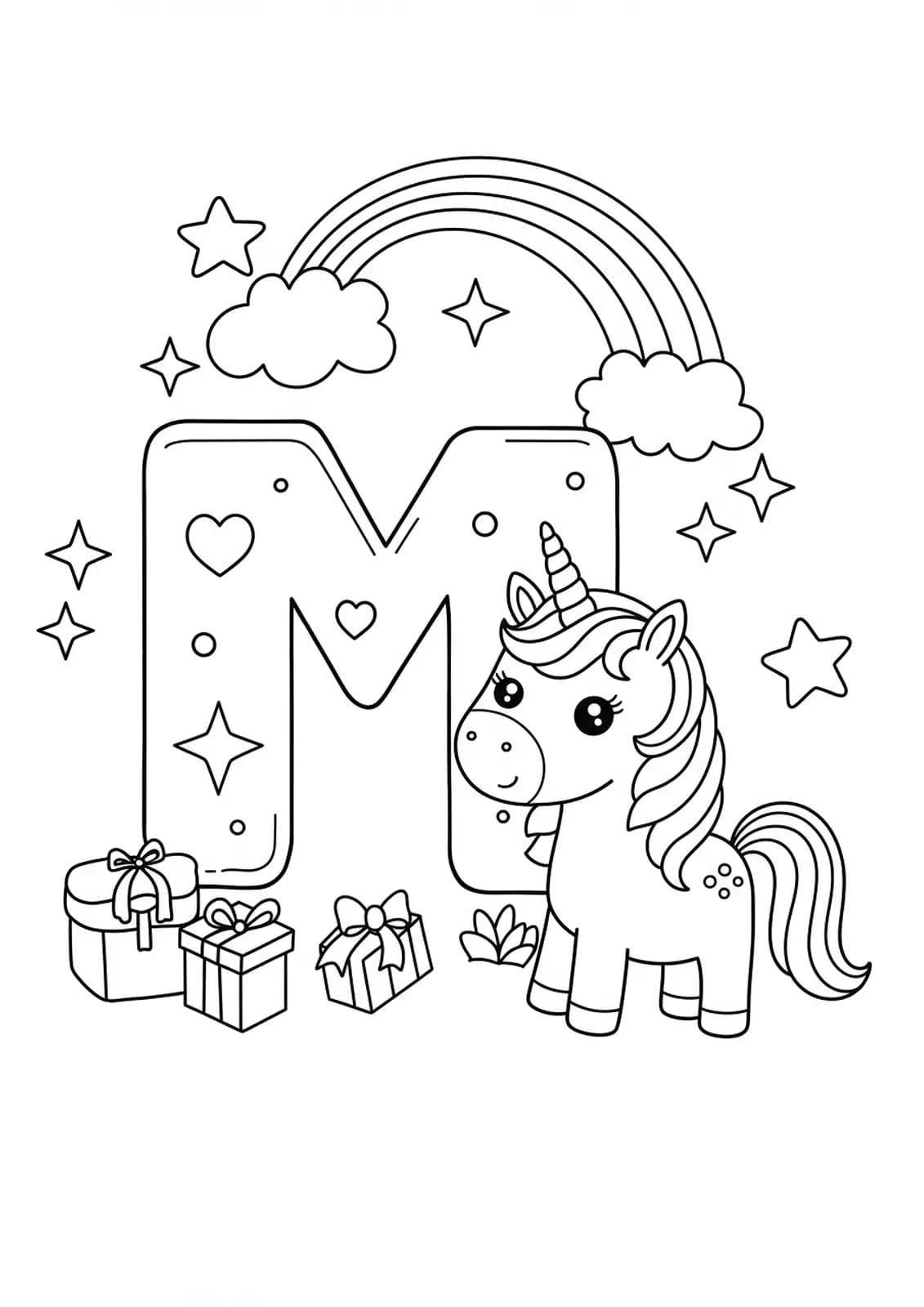 Letter M with a unicorn, sparkles, rainbow, and stars, designed for preschool unicorn fantasy coloring.