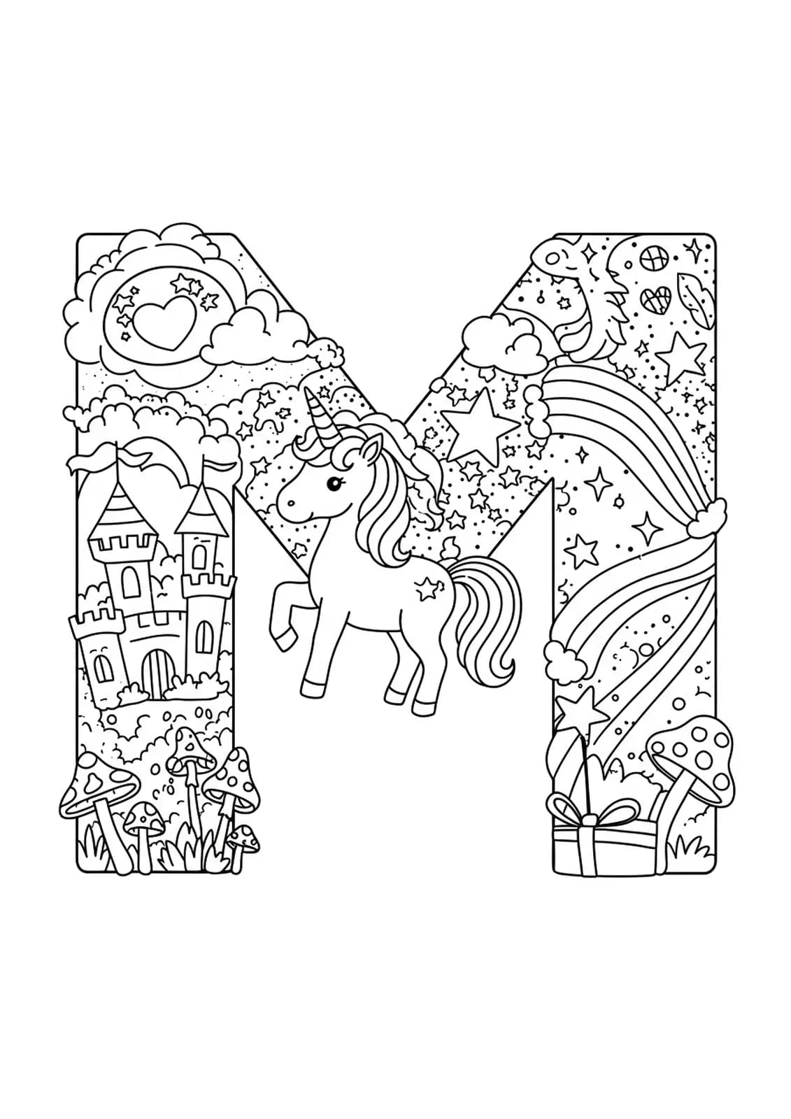 Coloring page featuring the letter M with a unicorn, castle, stars, and mushrooms in a fantasy setting.
