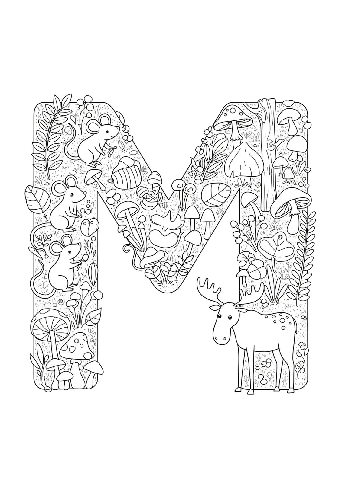 Coloring page showing a large letter M with forest animals such as mice and a moose, surrounded by mushrooms and plants.